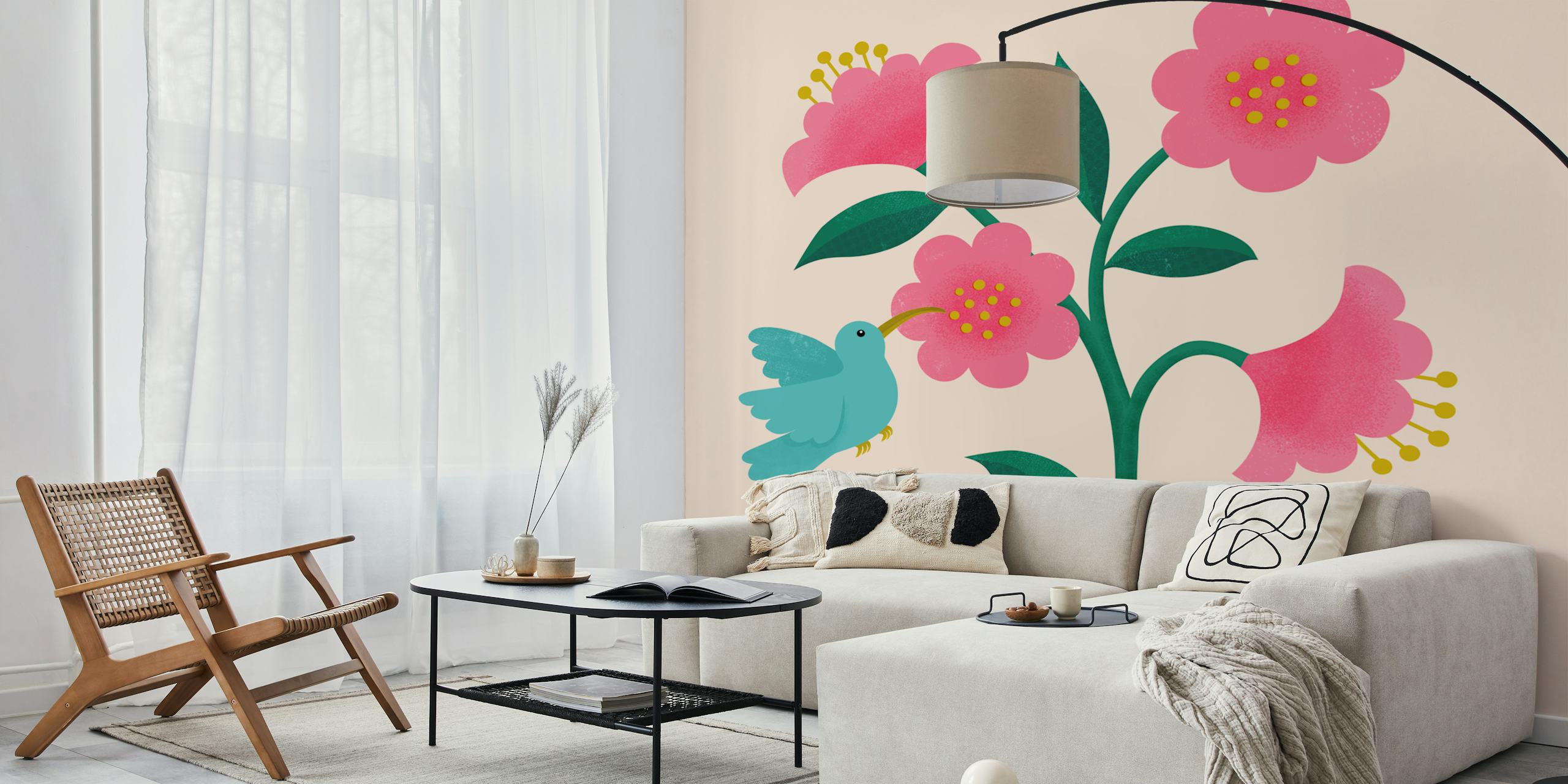Hummingbirds and camellias wallpaper in a room