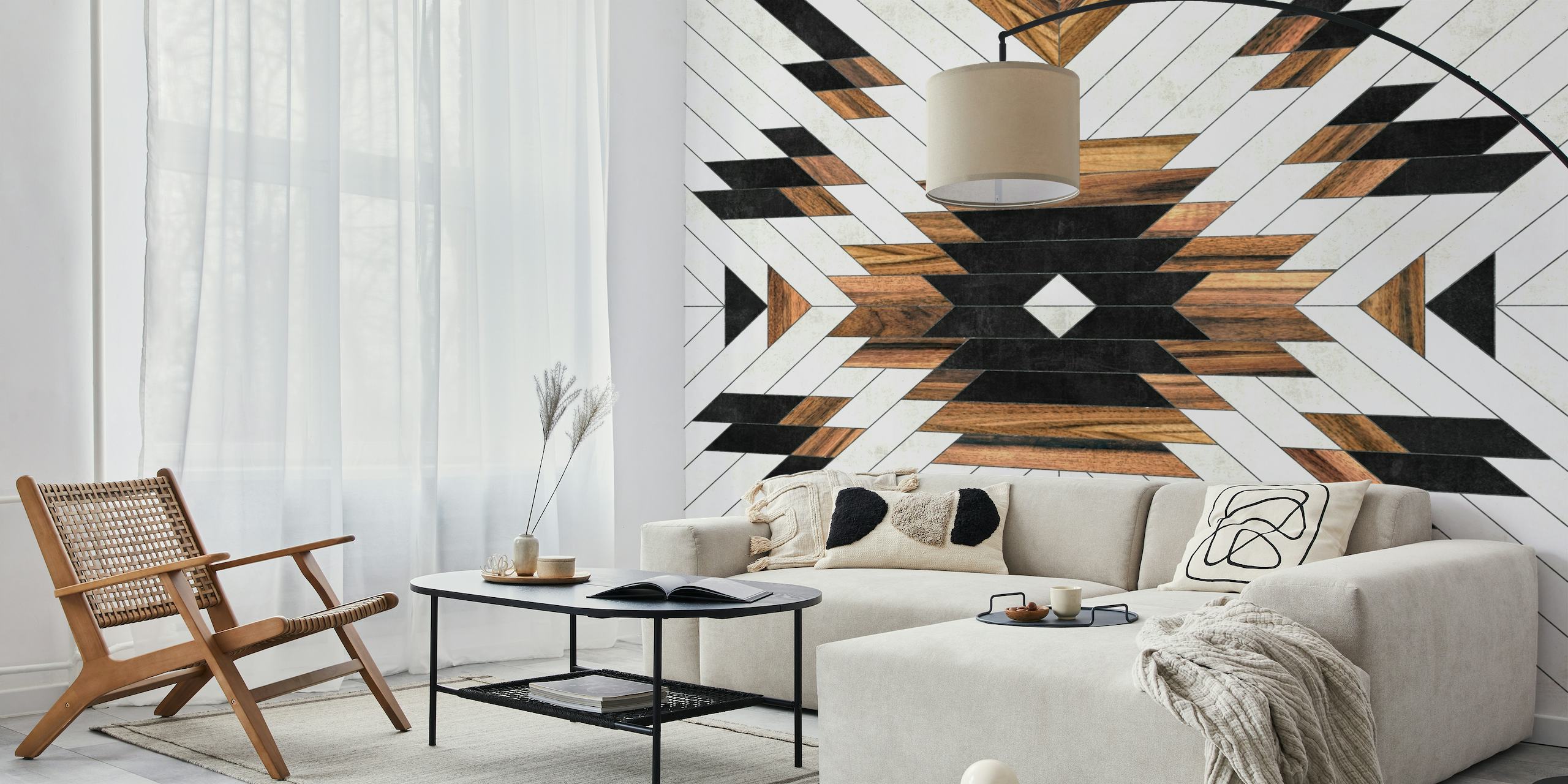 Urban tribal geometric pattern wall mural with black, white, and wood textures