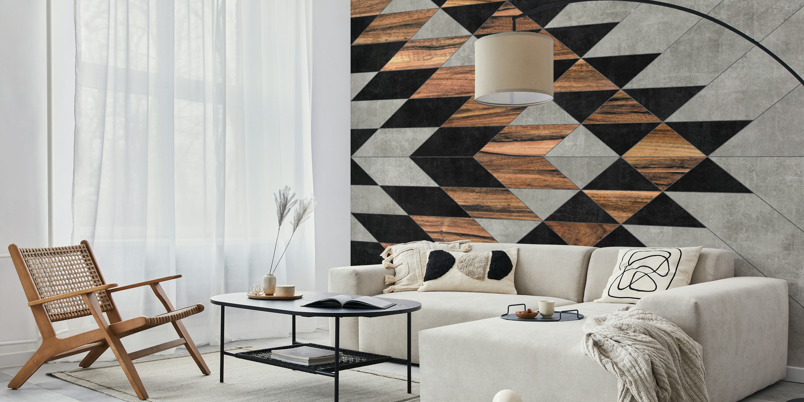 Geometric pattern with black and wood elements wallpaper