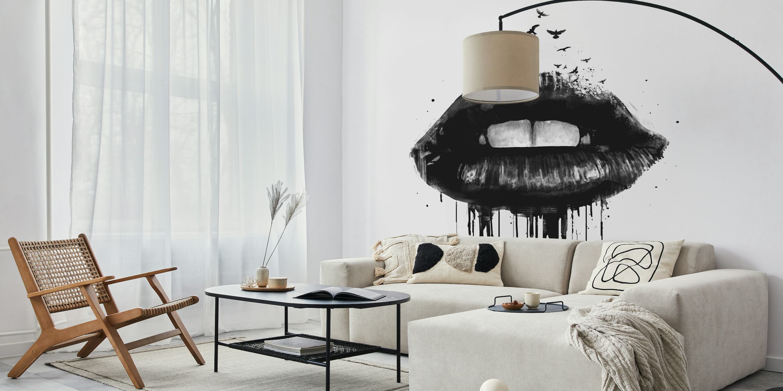 Monochrome gothic style lips with dripping ink wall mural titled 'Dead Love'