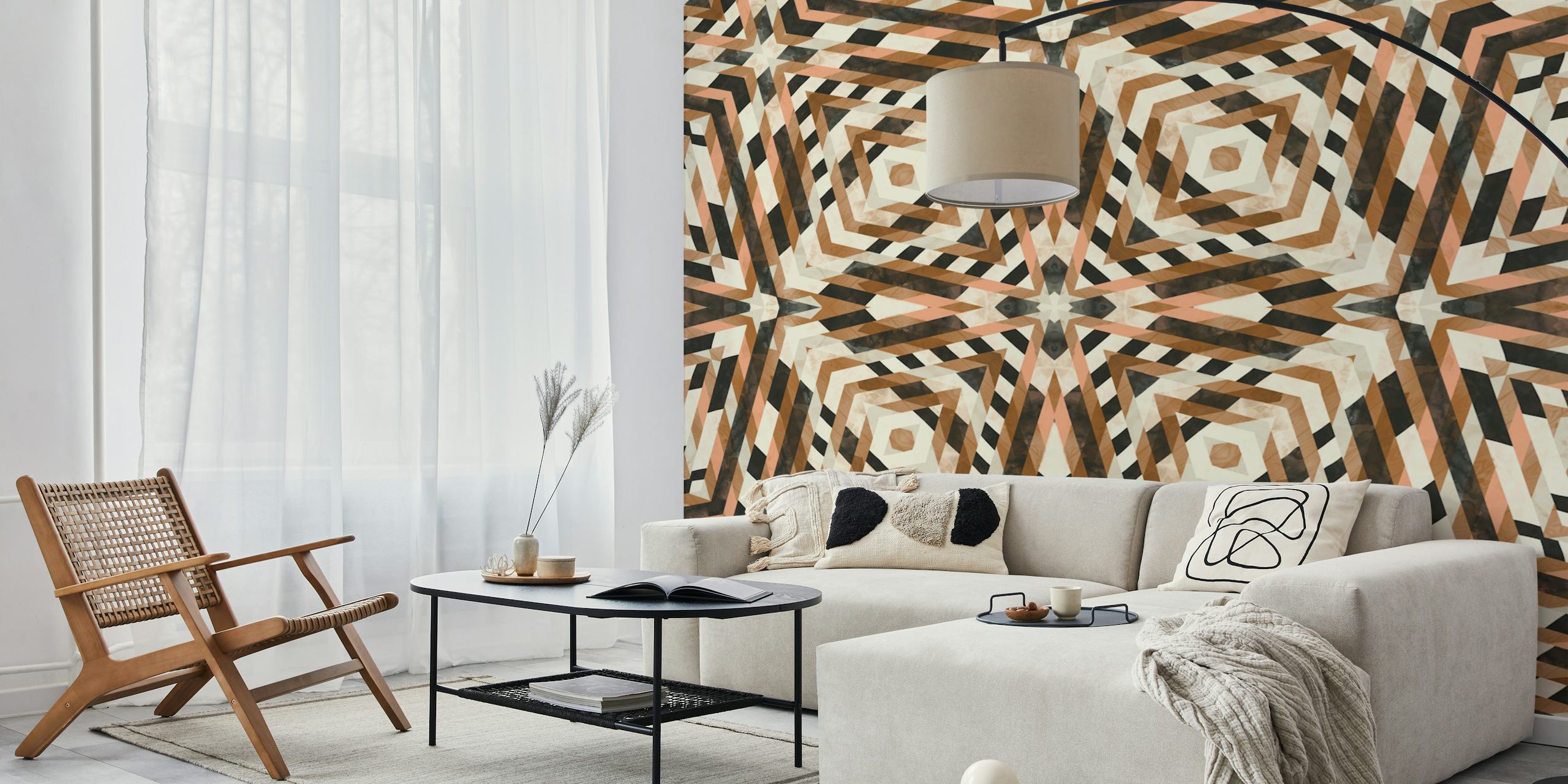 Tribal geometric patterned wallpaper in warm earthy tones