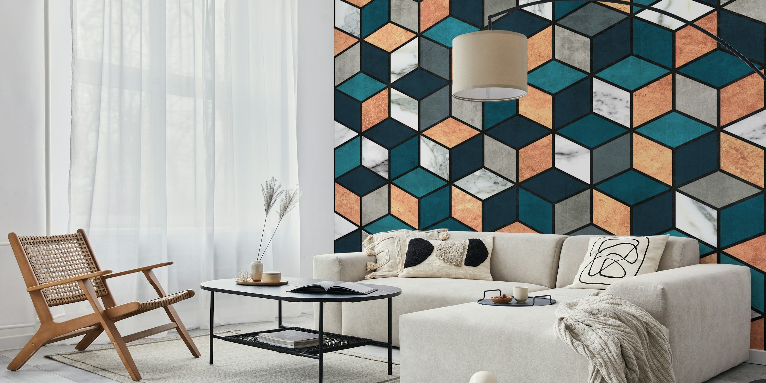 Copper Marble Cubes with Blue wallpaper in a room