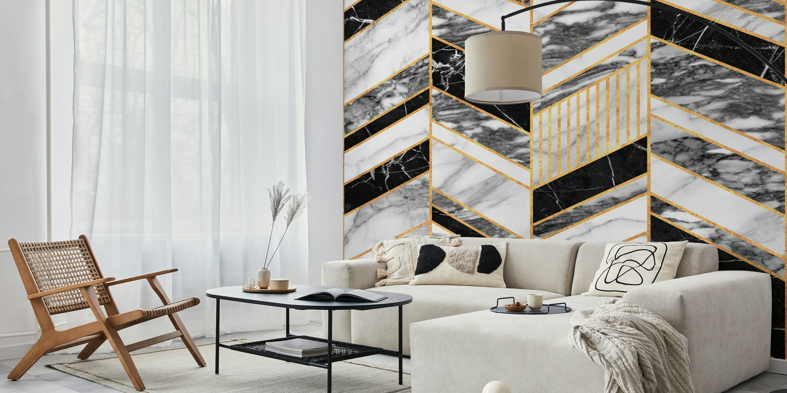 Chevron marmor mønster vægmaleri med guld accenter
