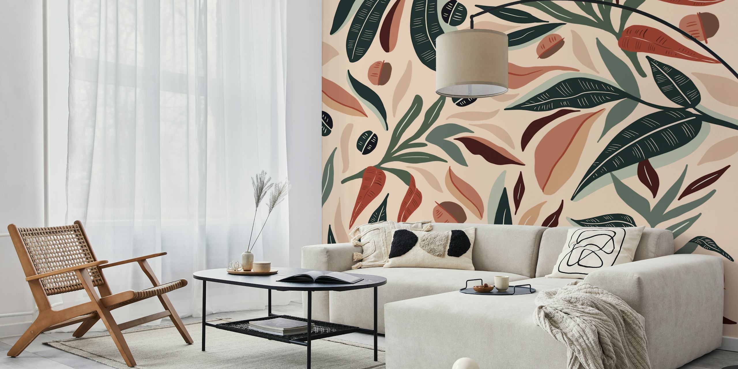 Colorful floral patterns with leaves and earthy tones wallpaper