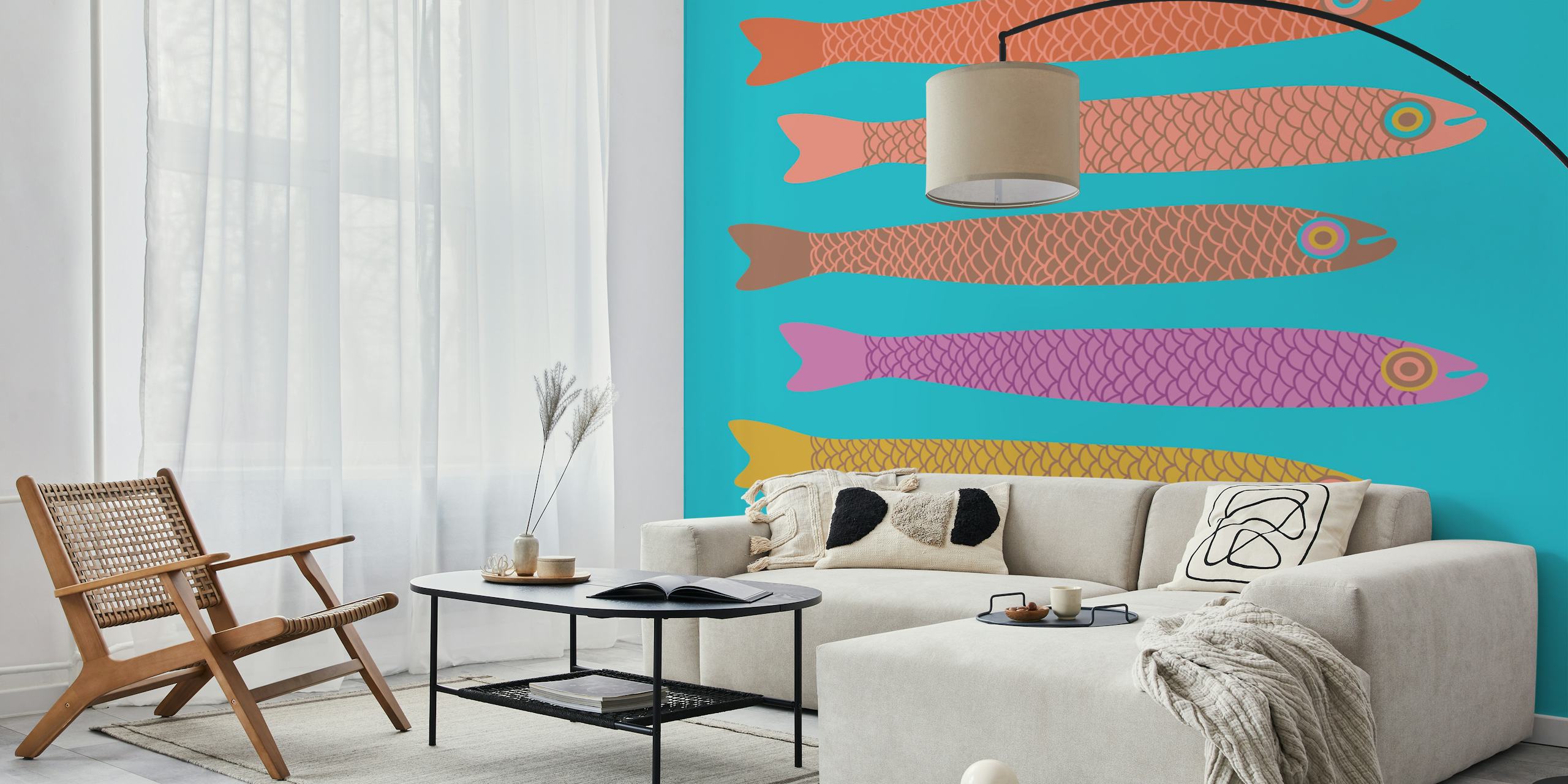 Colorful retro fish in pink, orange, purple, and gold on blue wallpaper