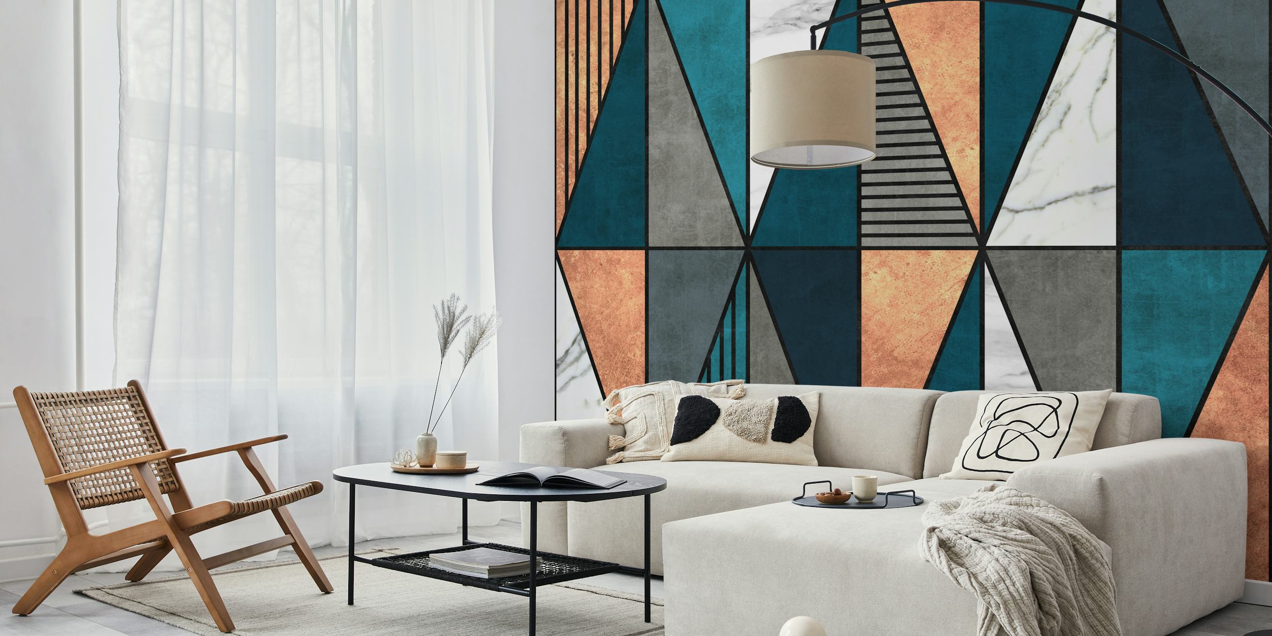 Geometric copper and blue triangles pattern wallpaper