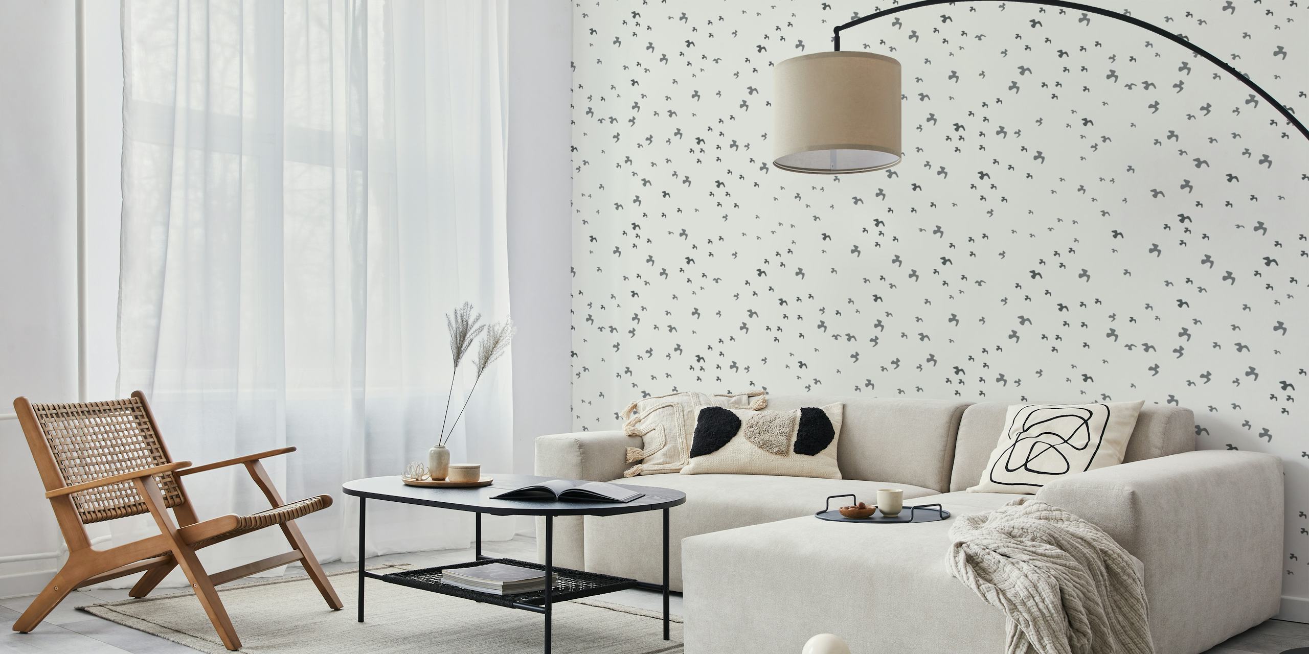 Bird flocks wallpaper in a room setting