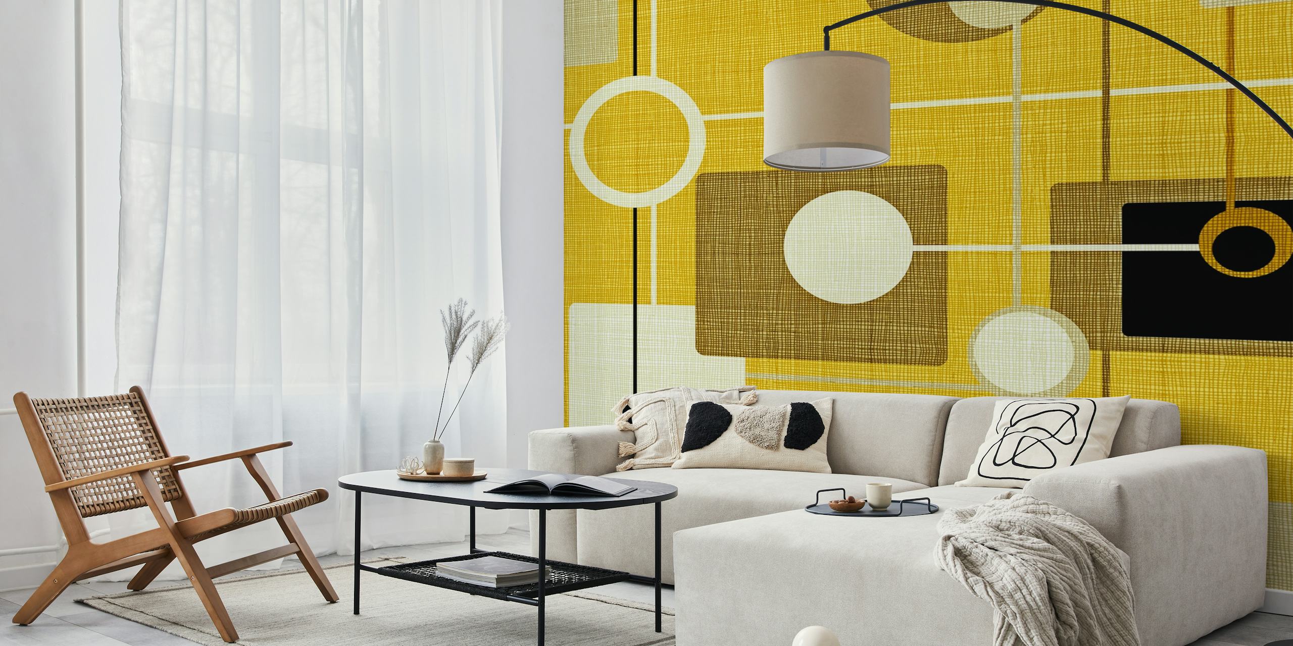 Tapeta Mid-Century Style Motif Mustard w pokoju