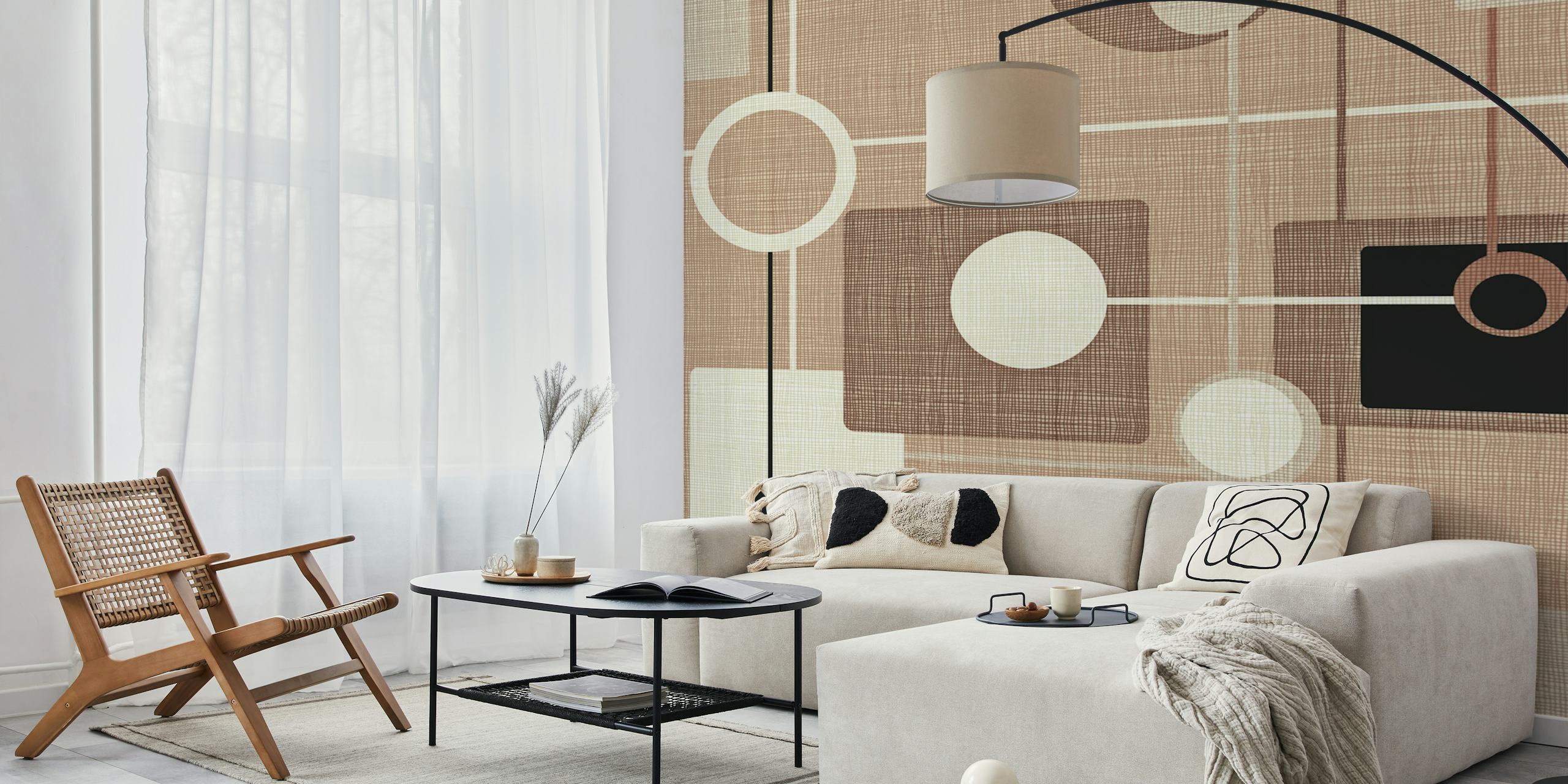 Mid-Century Motif Mocha Tapete in einem Raum