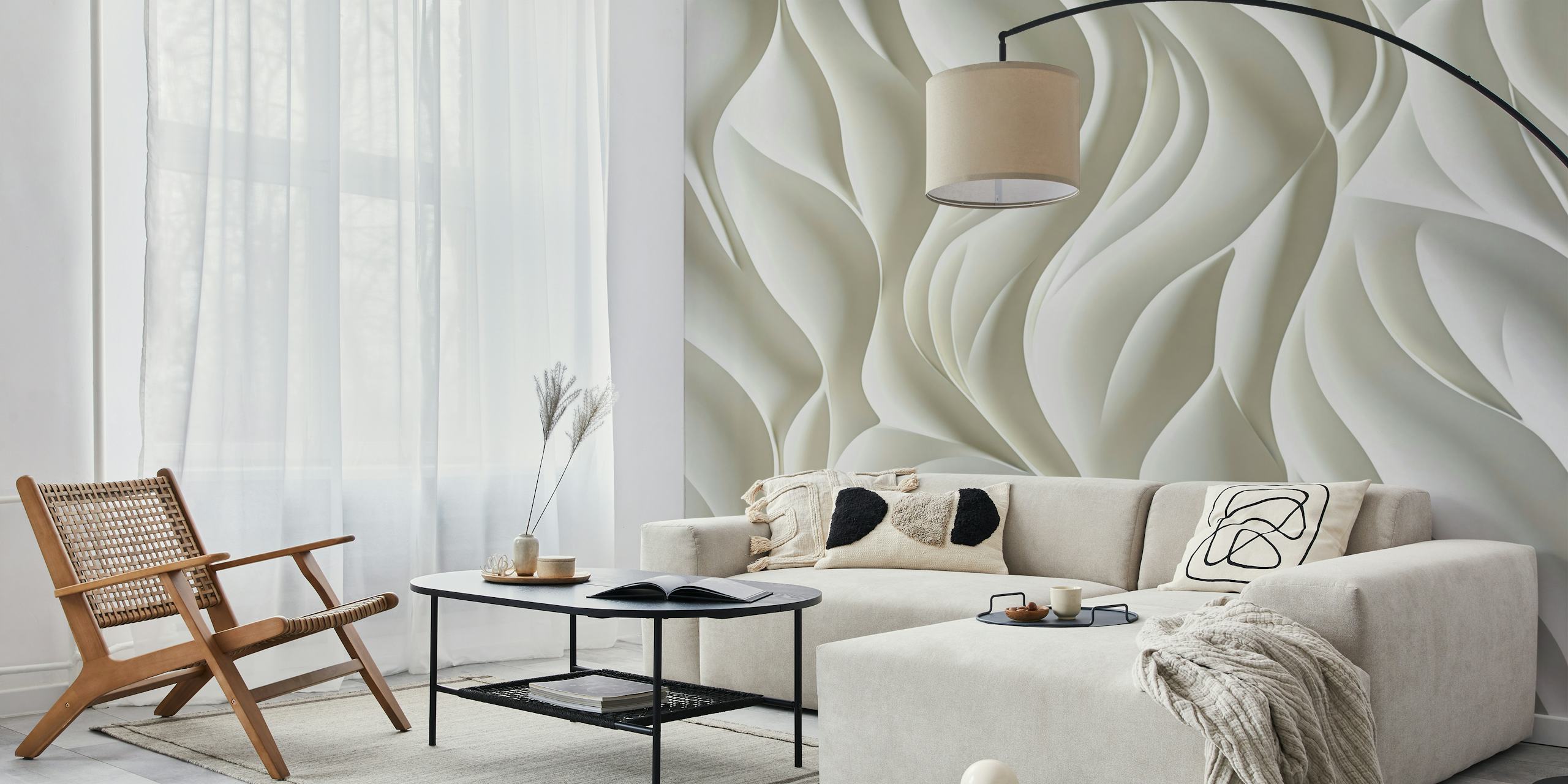 Flowing wave pattern in textured off-white wallpaper