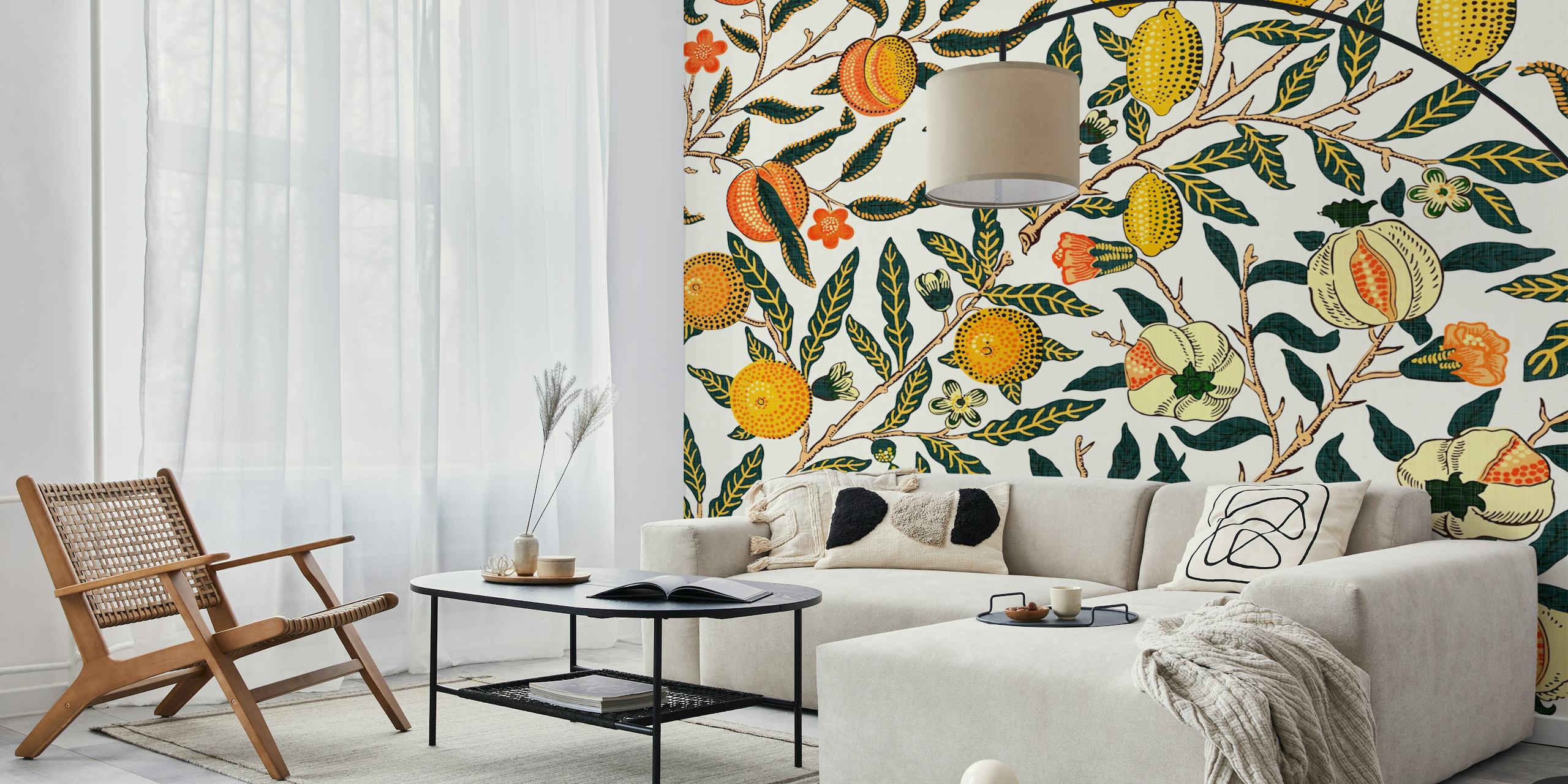Pomegranate fruit and floral pattern on white wallpaper