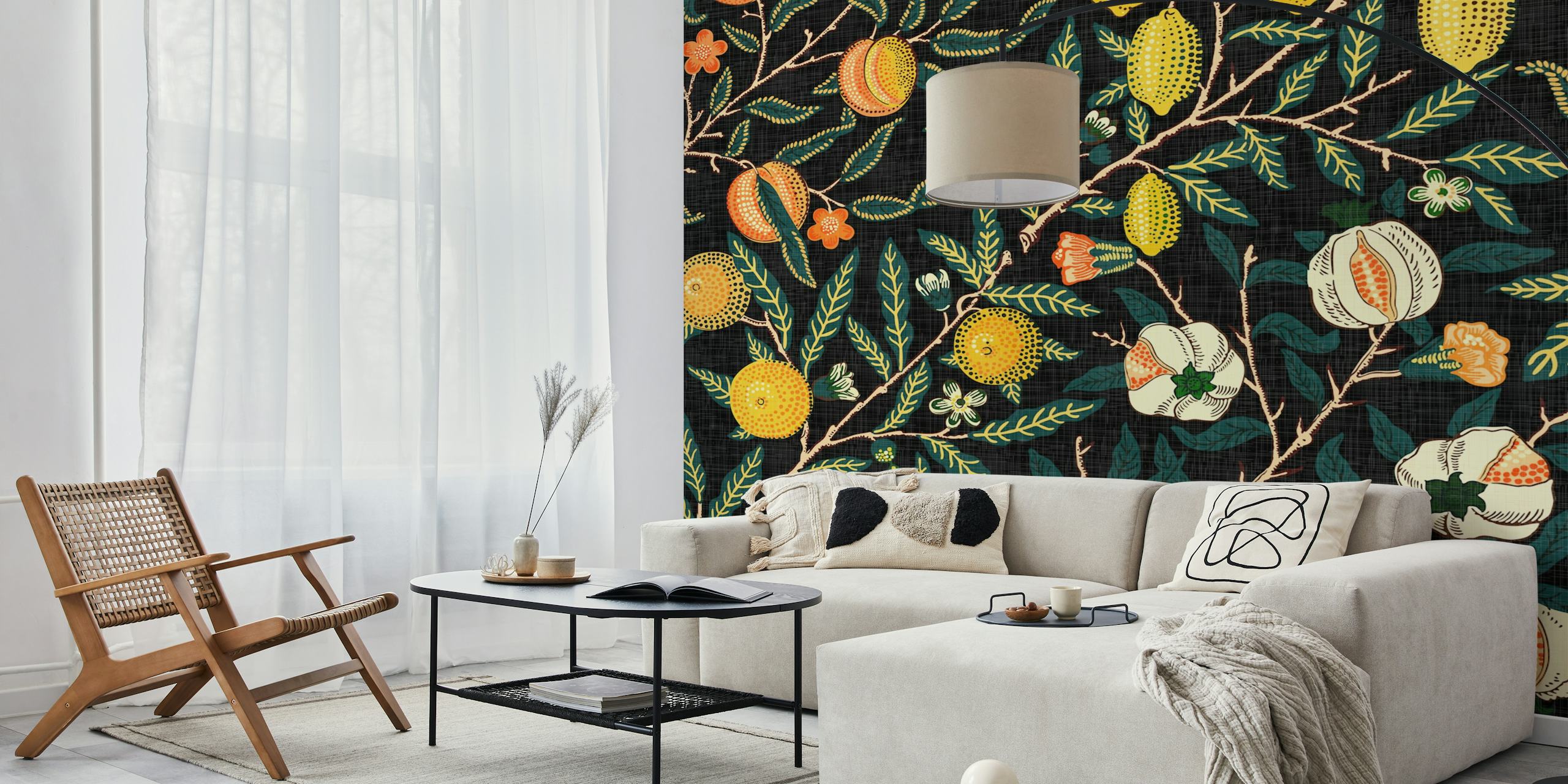 Vibrant floral pattern with pomegranates and blossoms on black wallpaper
