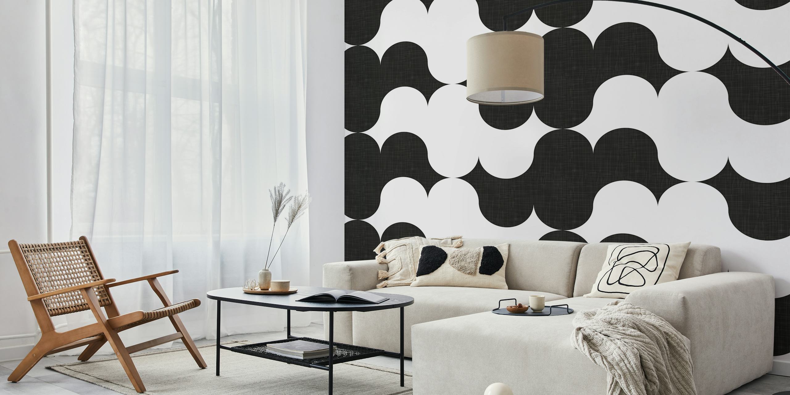 Geometric black and white pattern wallpaper featuring wavy shapes.
