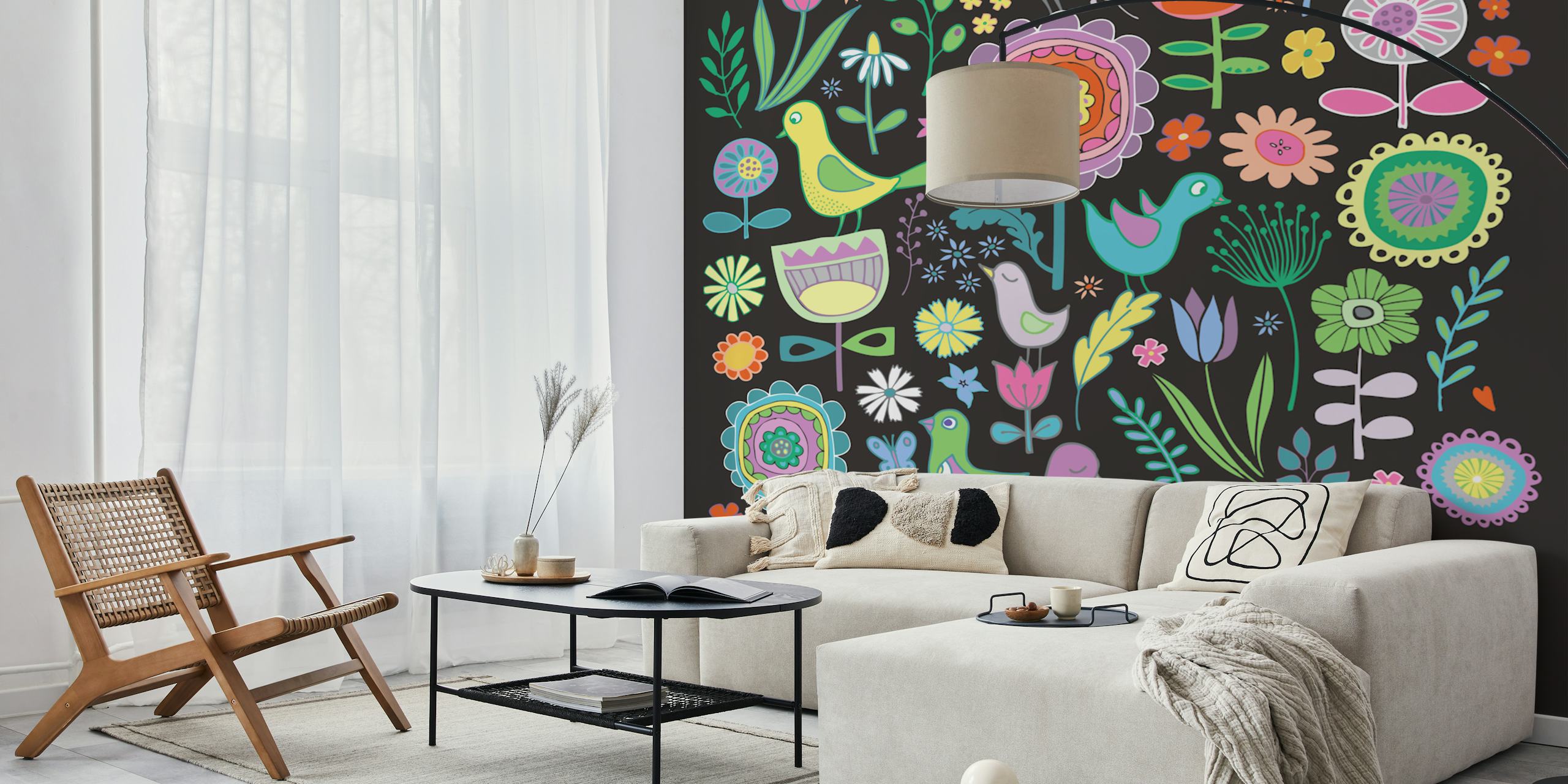 Farverige Birds and Blooms mural on black wallpaper