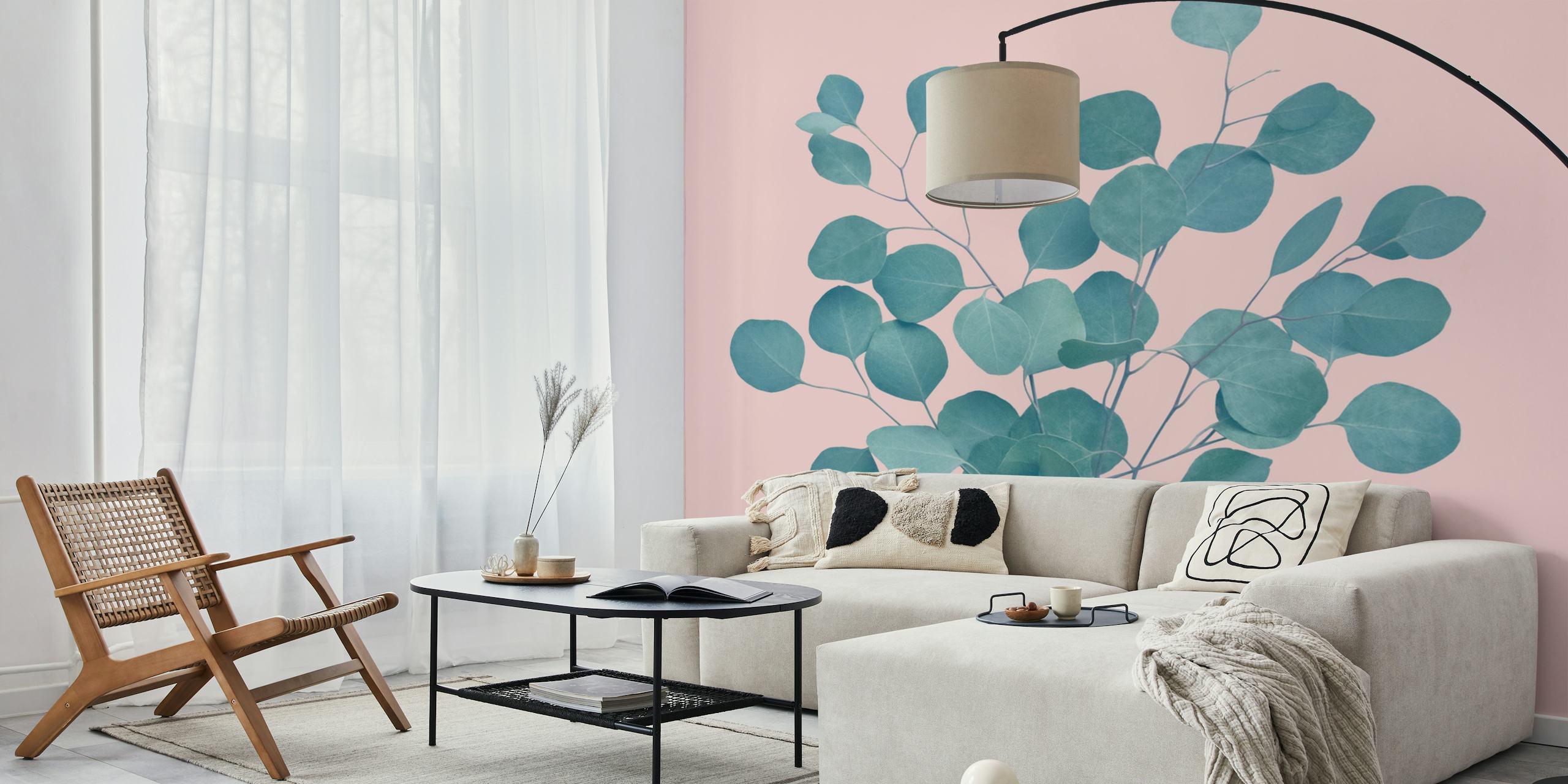 Eucalyptus leaves wall mural on a pastel pink background