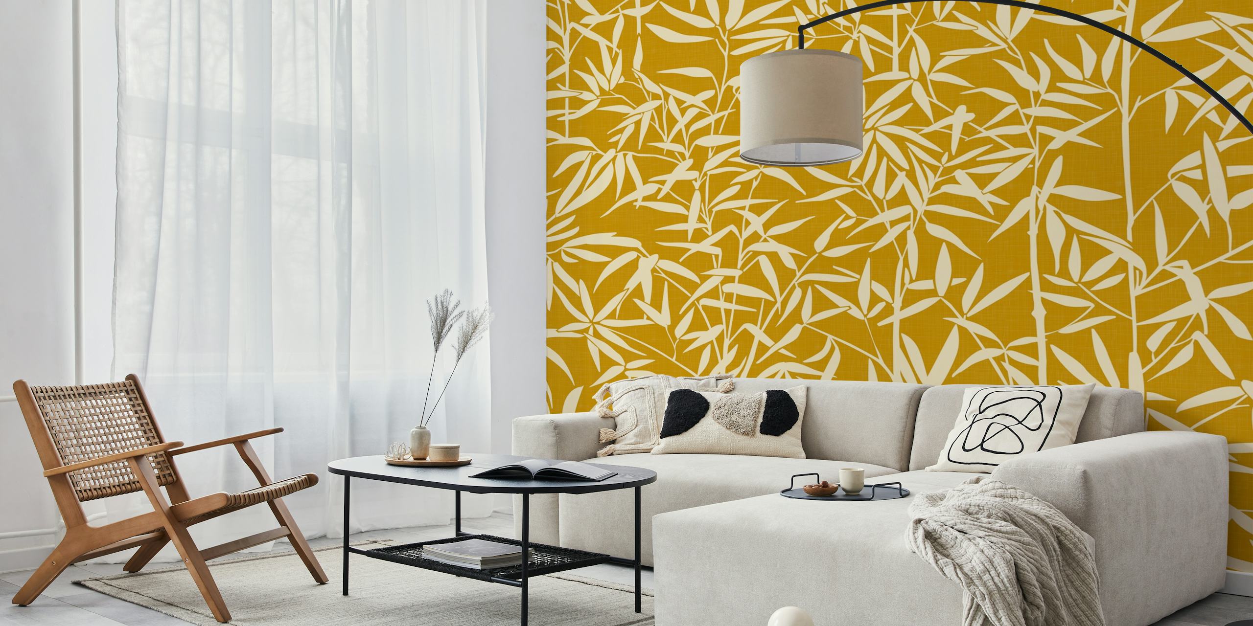 Bamboo leaves on marigold yellow background wallpaper