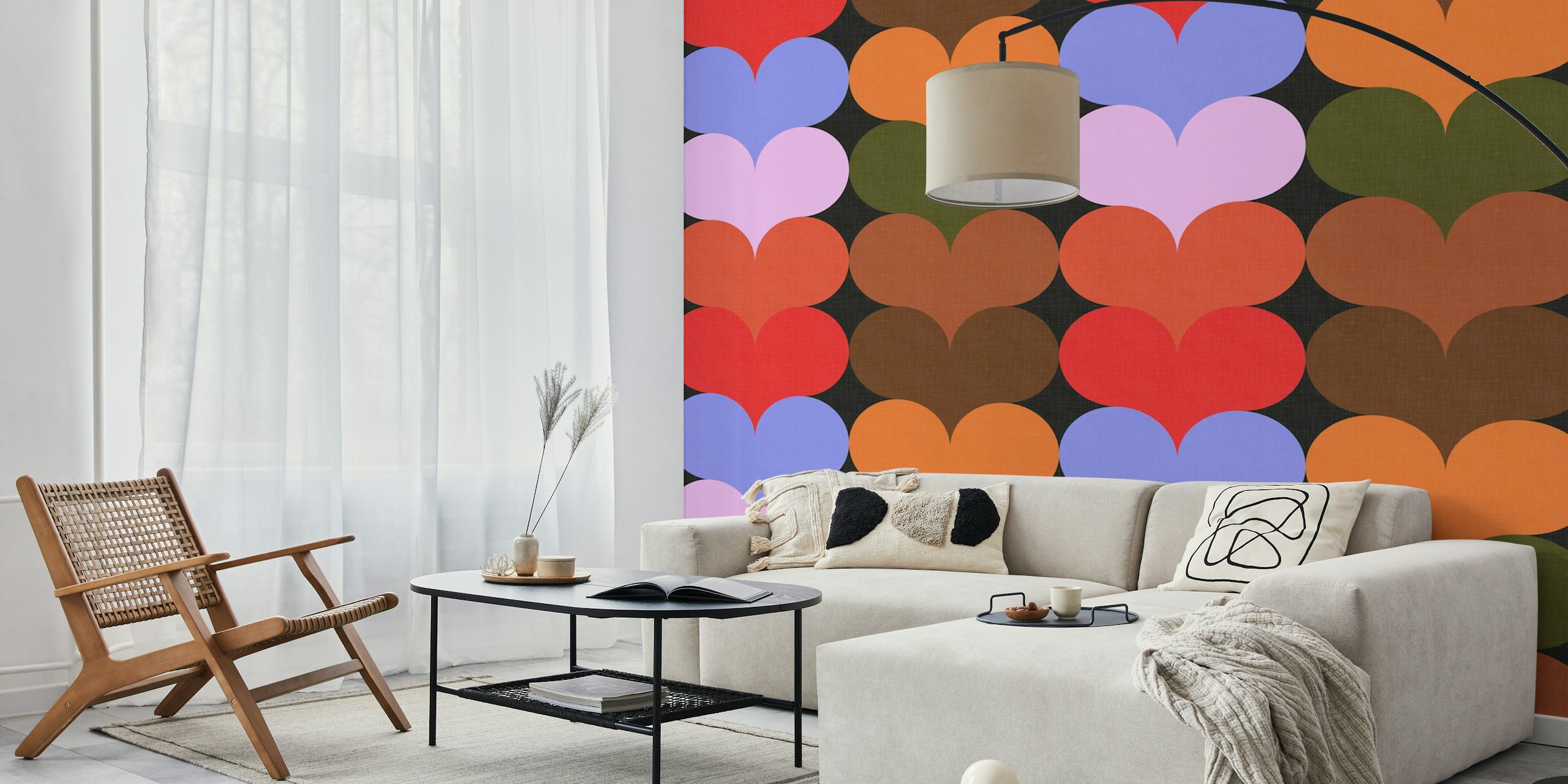 Kleurrijke Retro Heart Shapes Groovy Decor WM-behang in een kamer