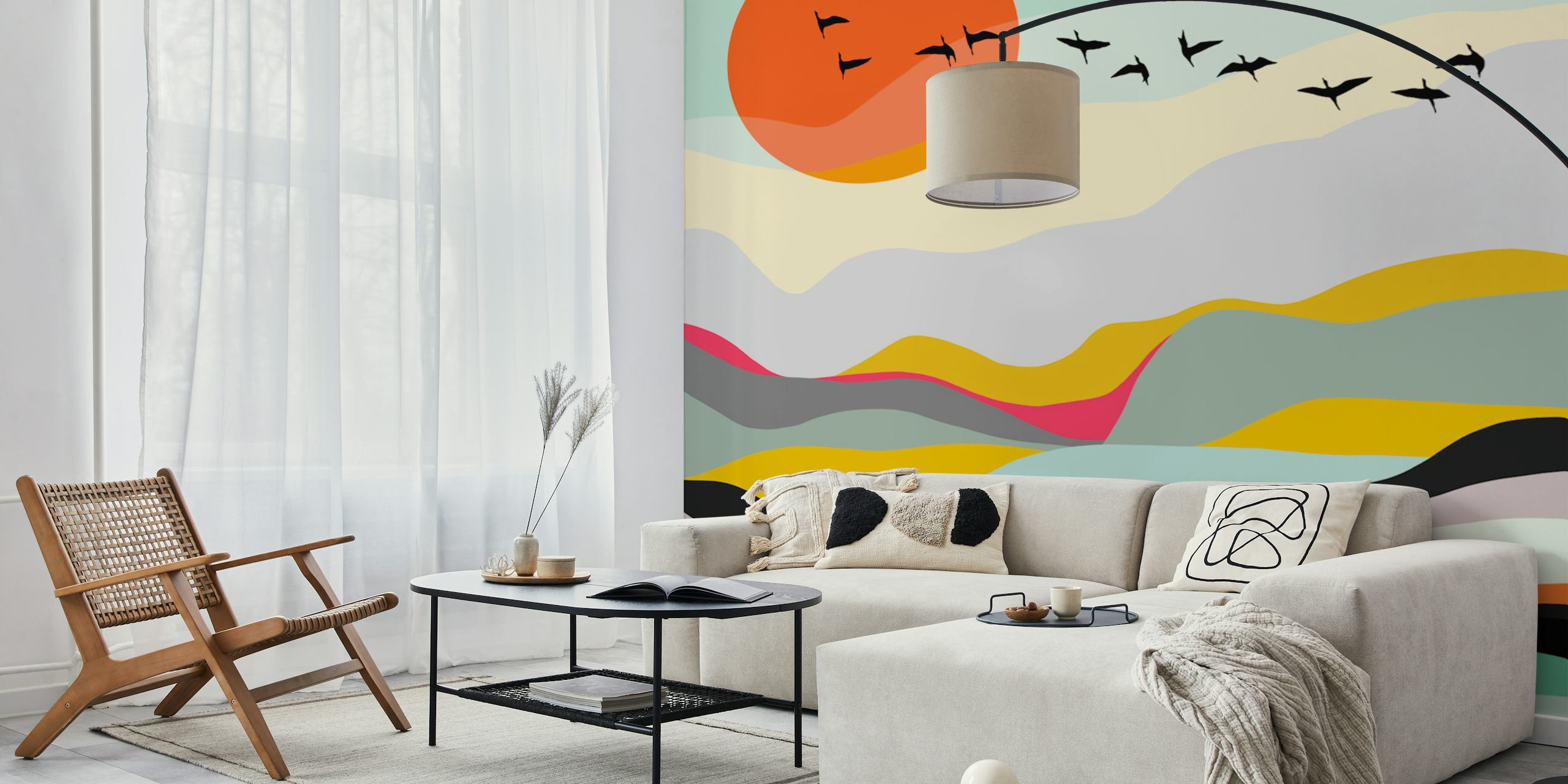 Birds flying over a sunset wallpaper design