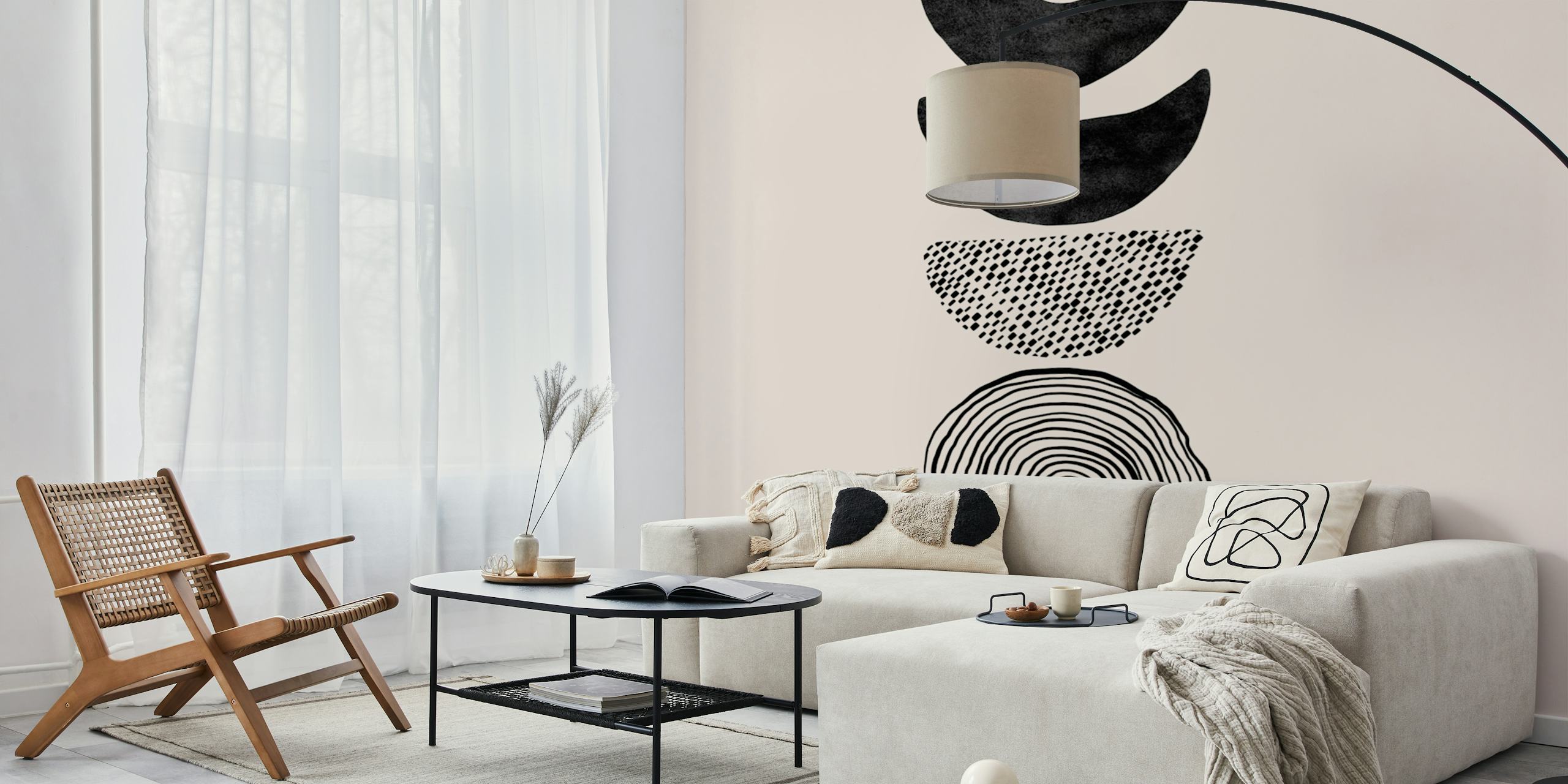Abstract black and white crescent shapes on light background wallpaper