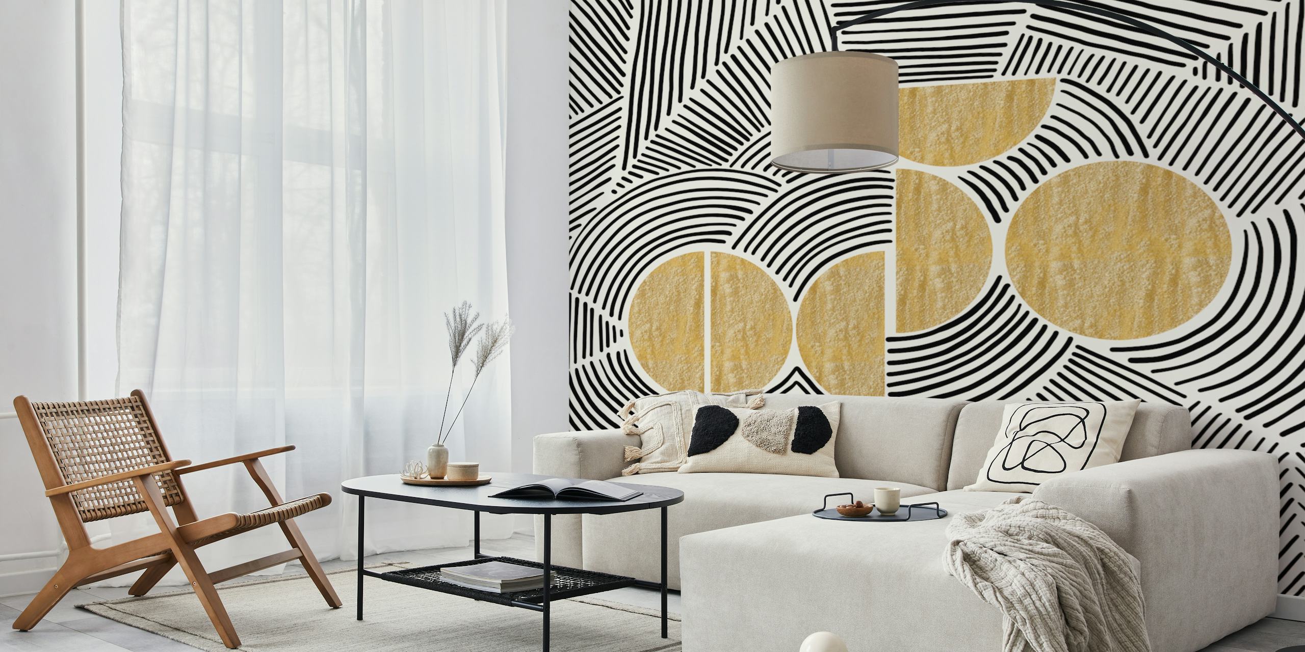 Geometric black and gold patterns with lines and circles wallpaper