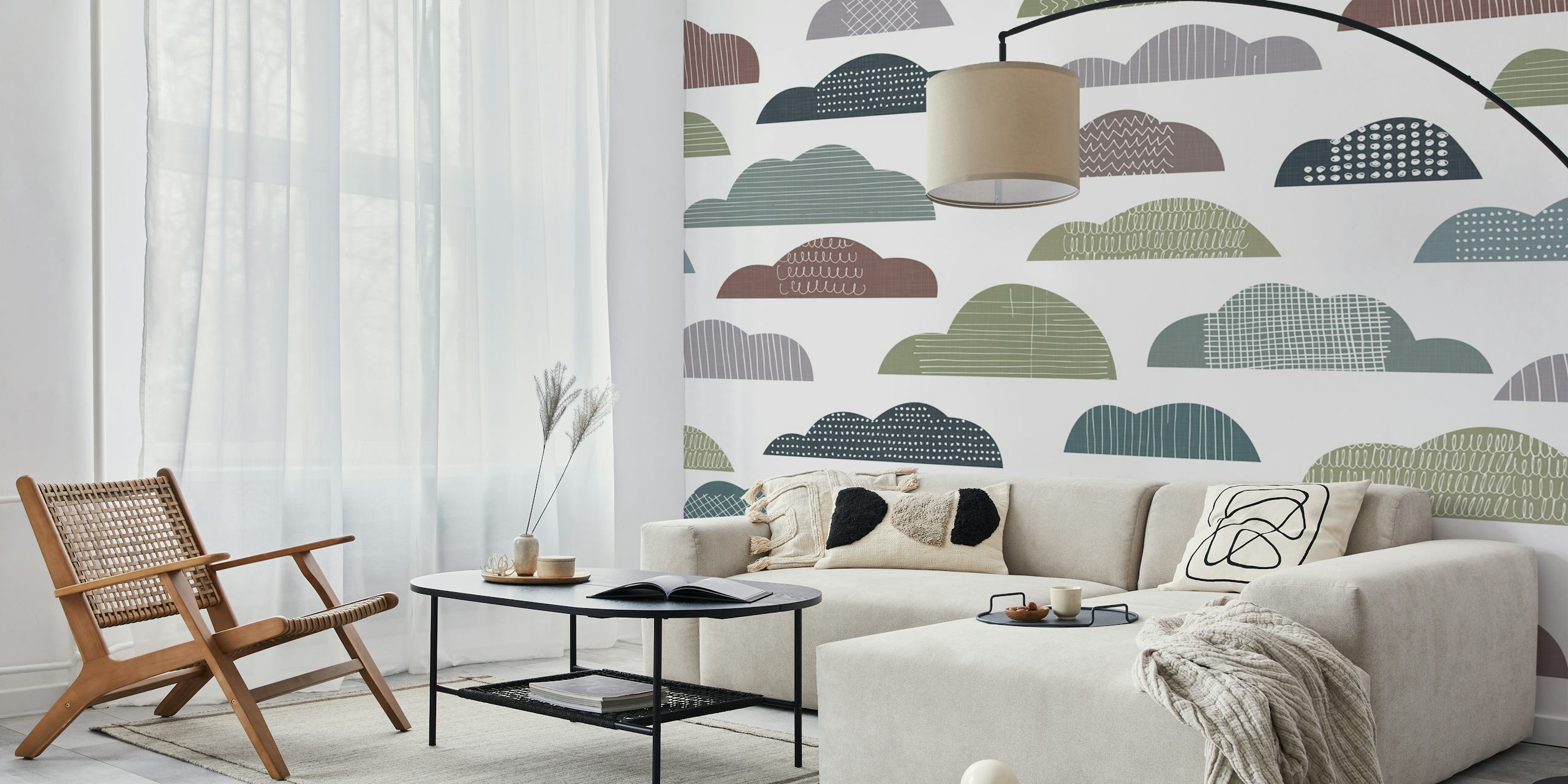 Mid Century Modern Clouds Muted WM em um quarto