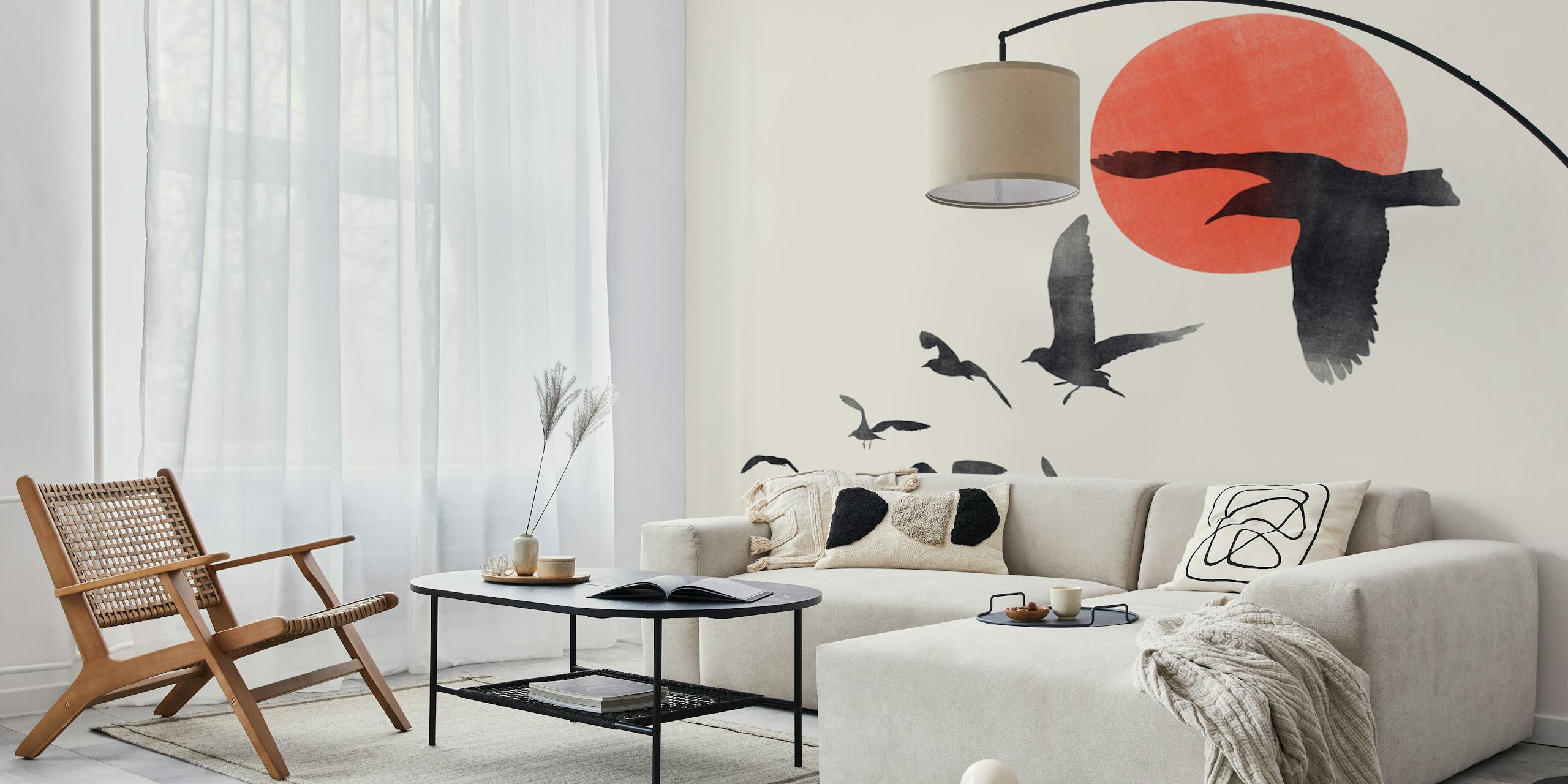 Birds flying under a red sun wallpaper