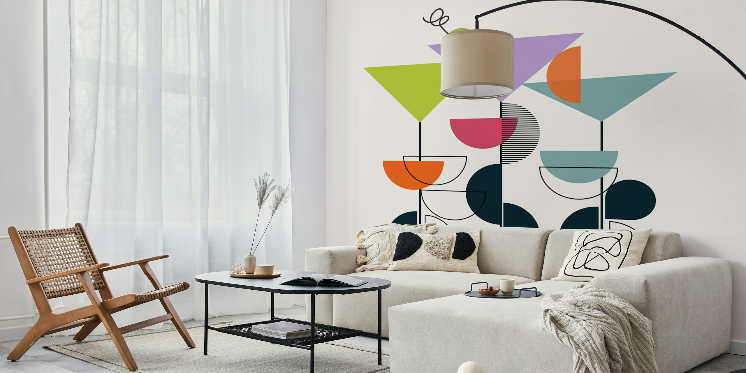 Colorful geometric cocktail pattern wallpaper in green, pink, blue, and orange