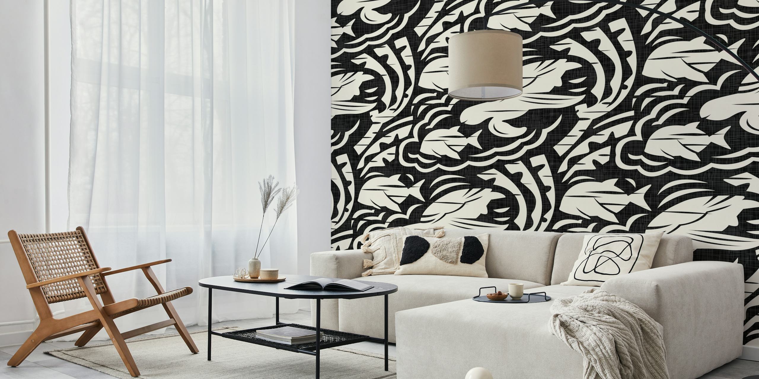 Hawaiian turtles and clouds in black and cream wallpaper