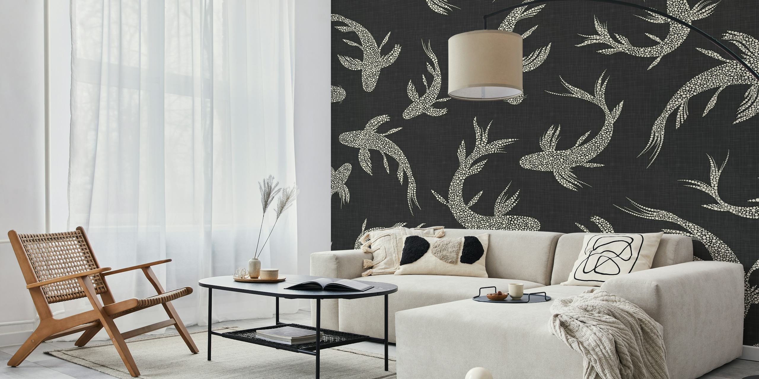 Koi fish pattern in metallic silver on charcoal background wallpaper