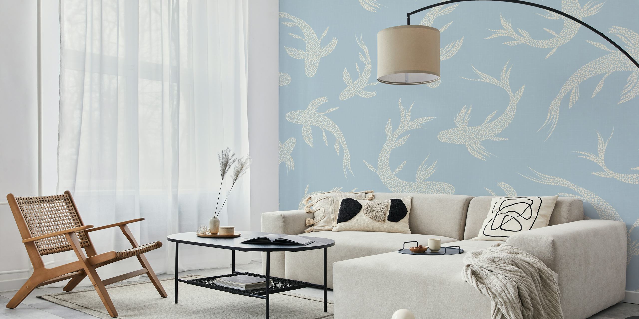 Koi fish design in baby blue with white details wallpaper