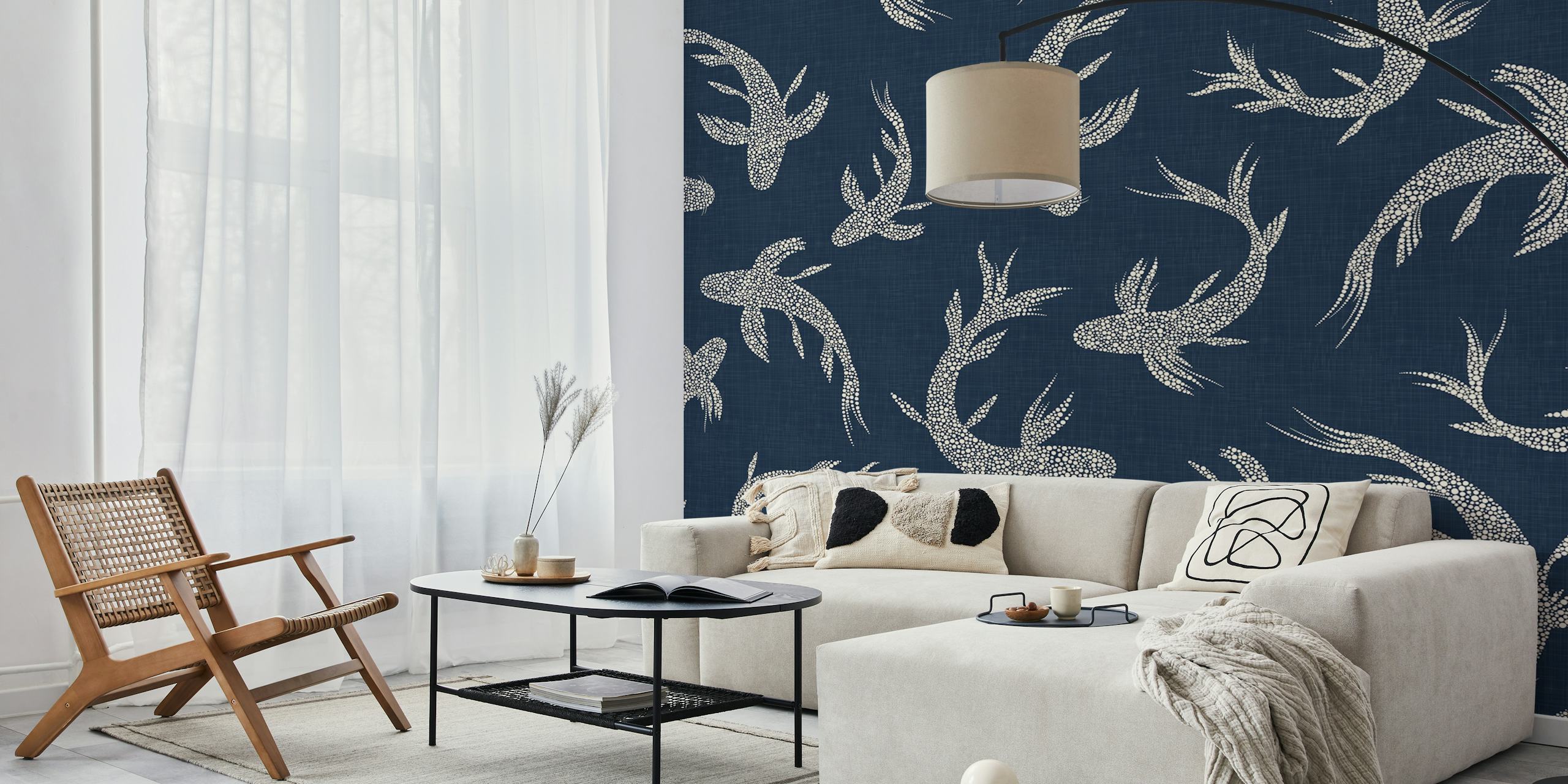 Navy blue wallpaper with koi fish pattern in silver tones