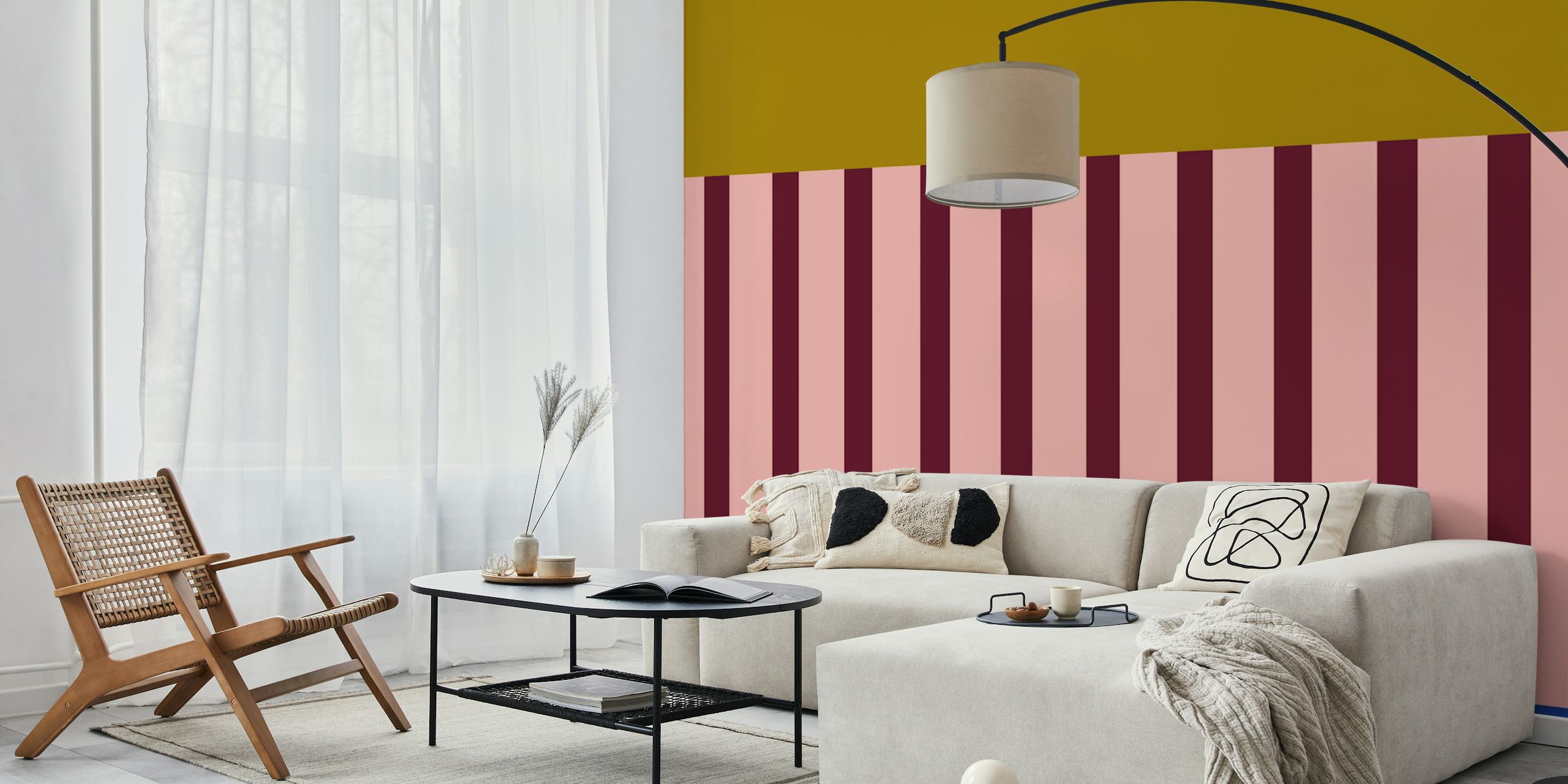 Golden and pink striped wallpaper with purple accents