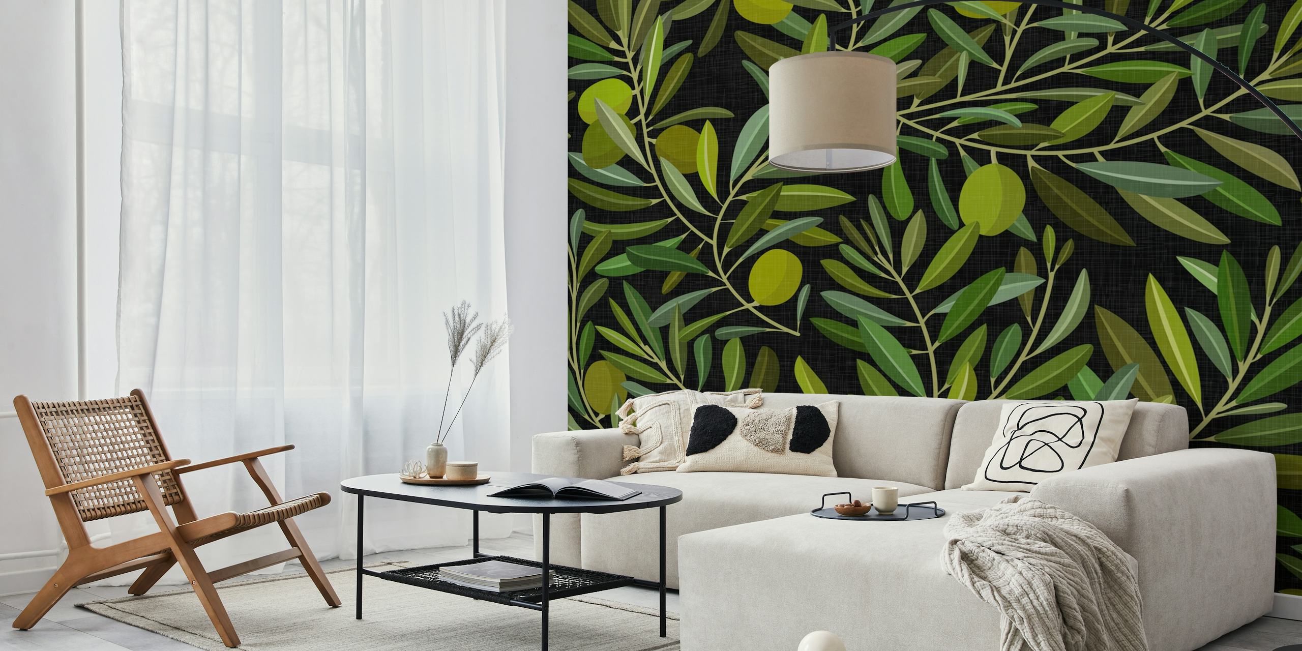 Olive tree leaves with green and yellow olives on dark background wallpaper