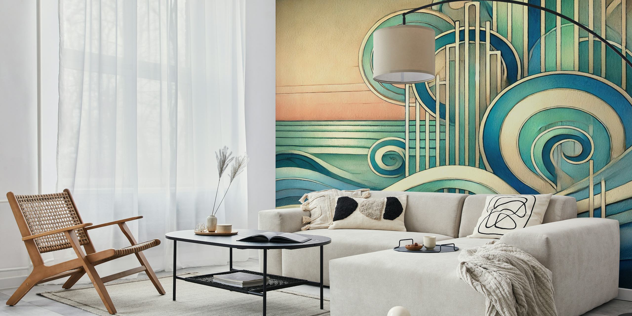 Art Deco Ocean Waves wallpaper in a room