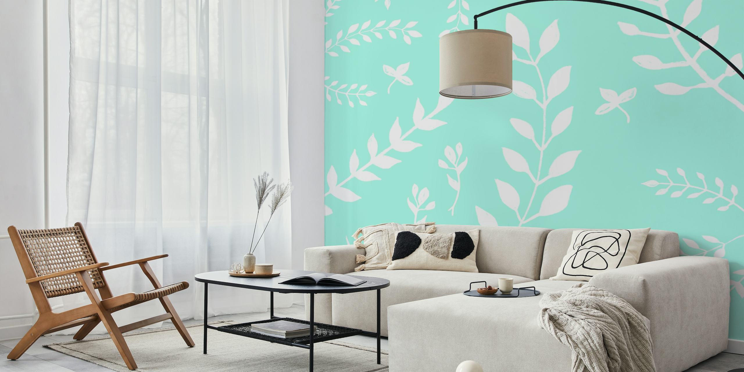 White leaves silhouette pattern on pastel background wall mural