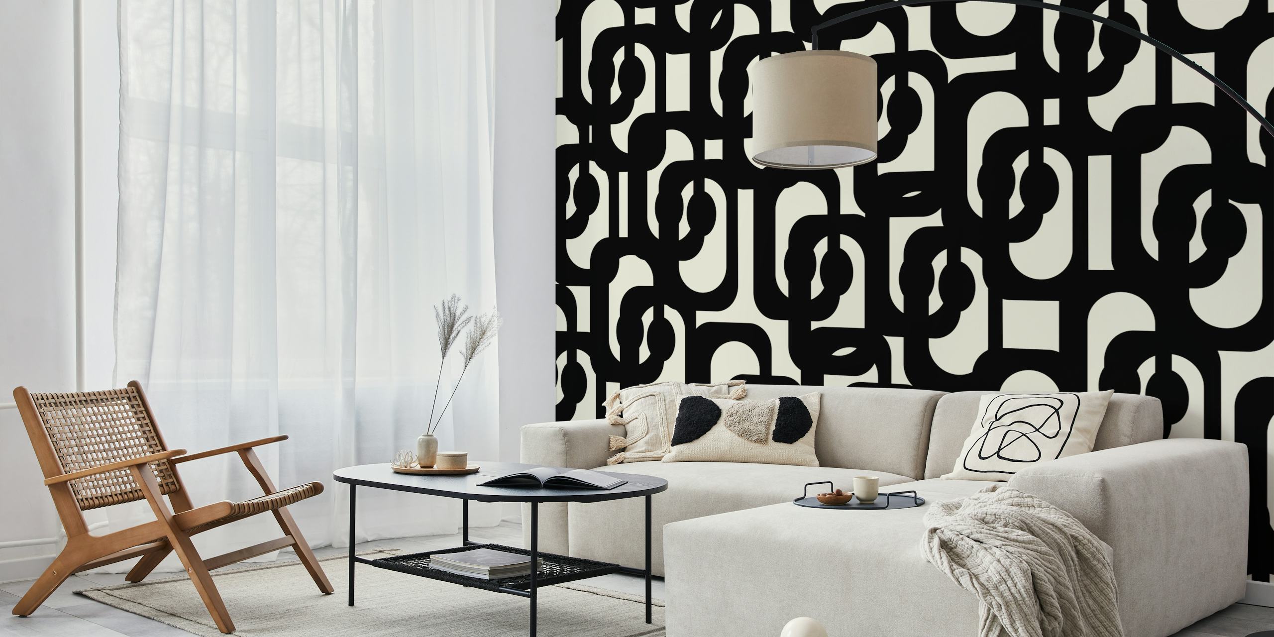 Mid Century Modern Loops Black and Cream wallpaper in room