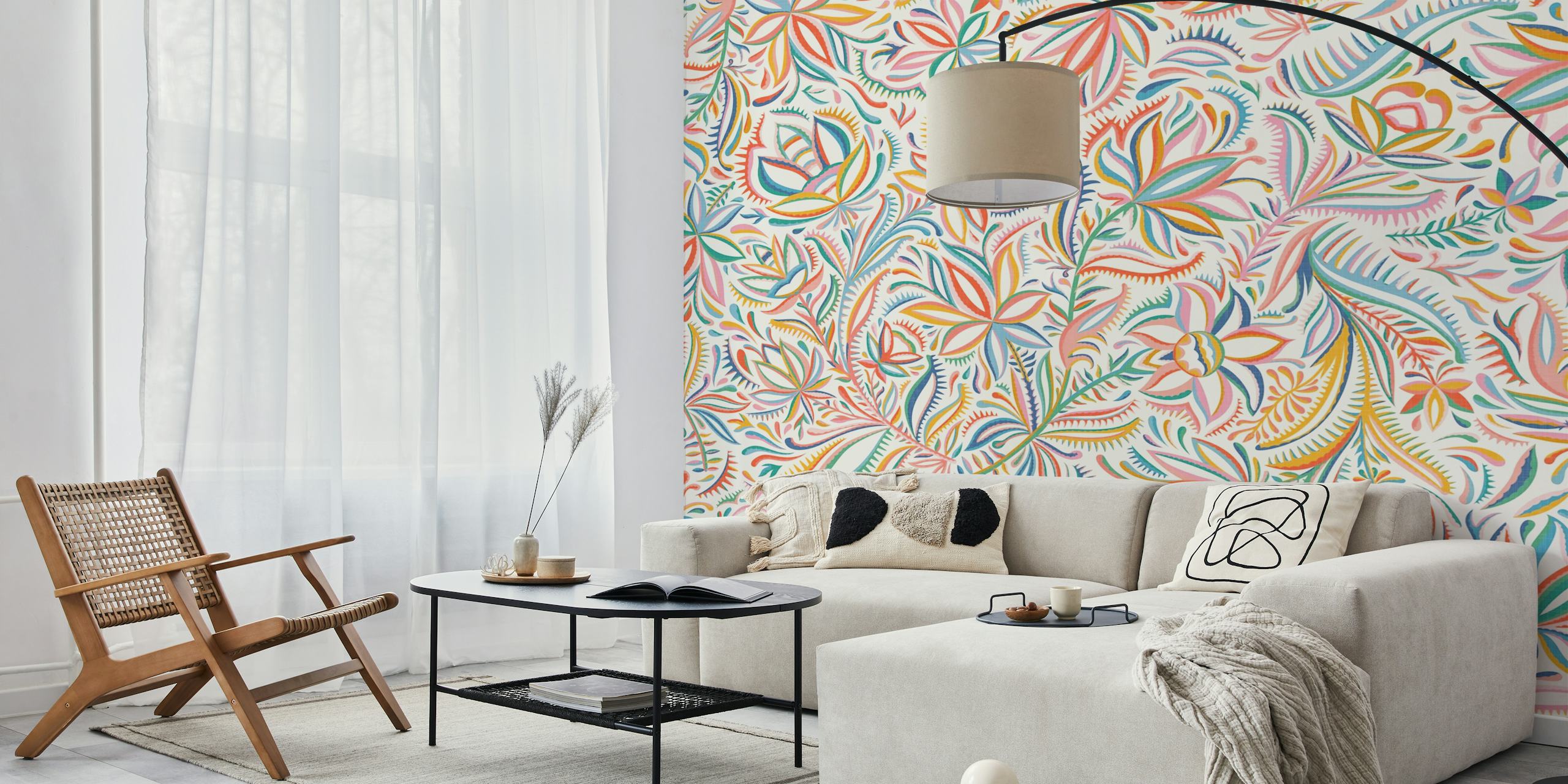 Colorful floral wallpaper in a room