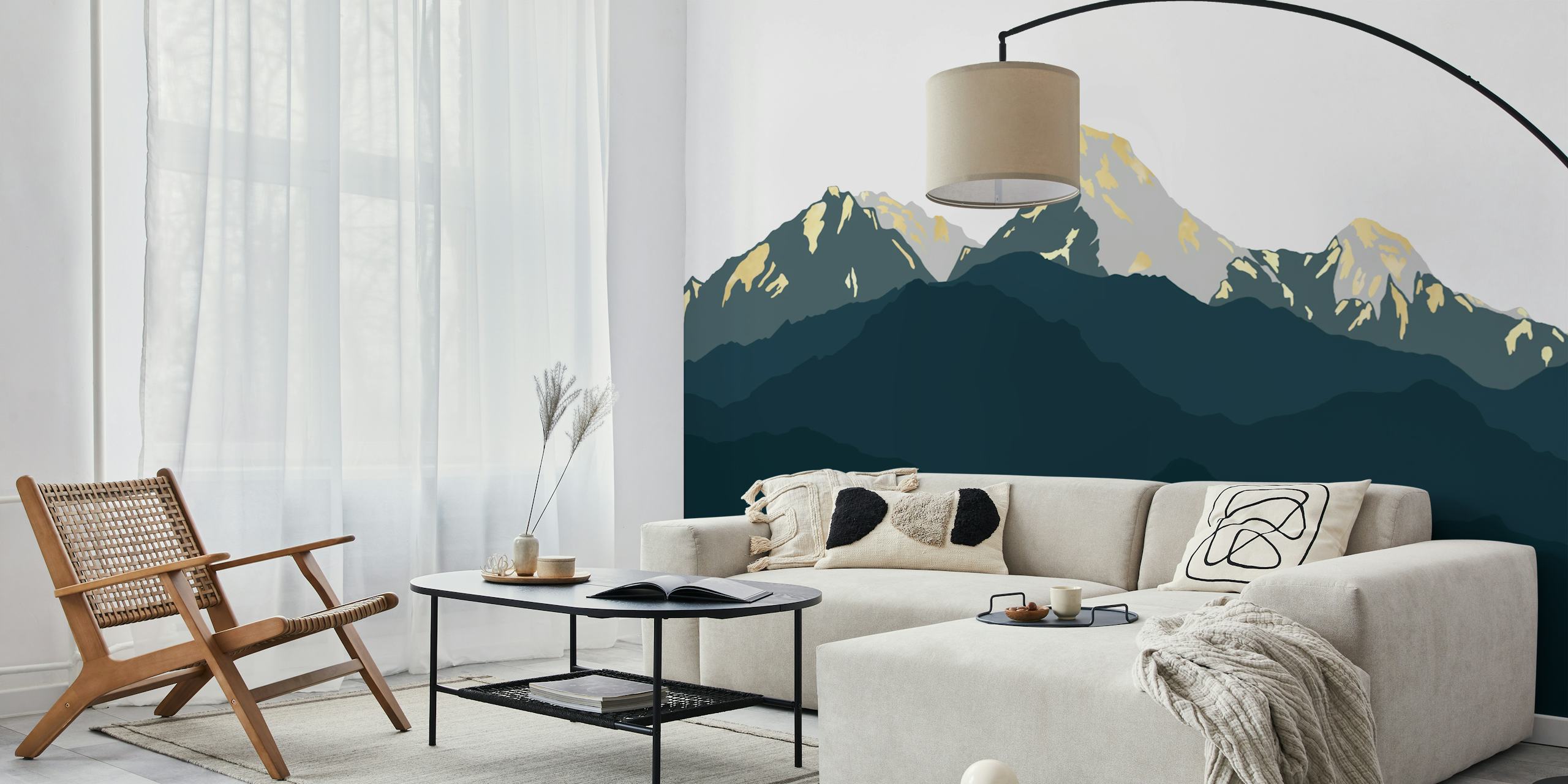 Blue and golden mountains silhouette Tapete in einem Zimmer