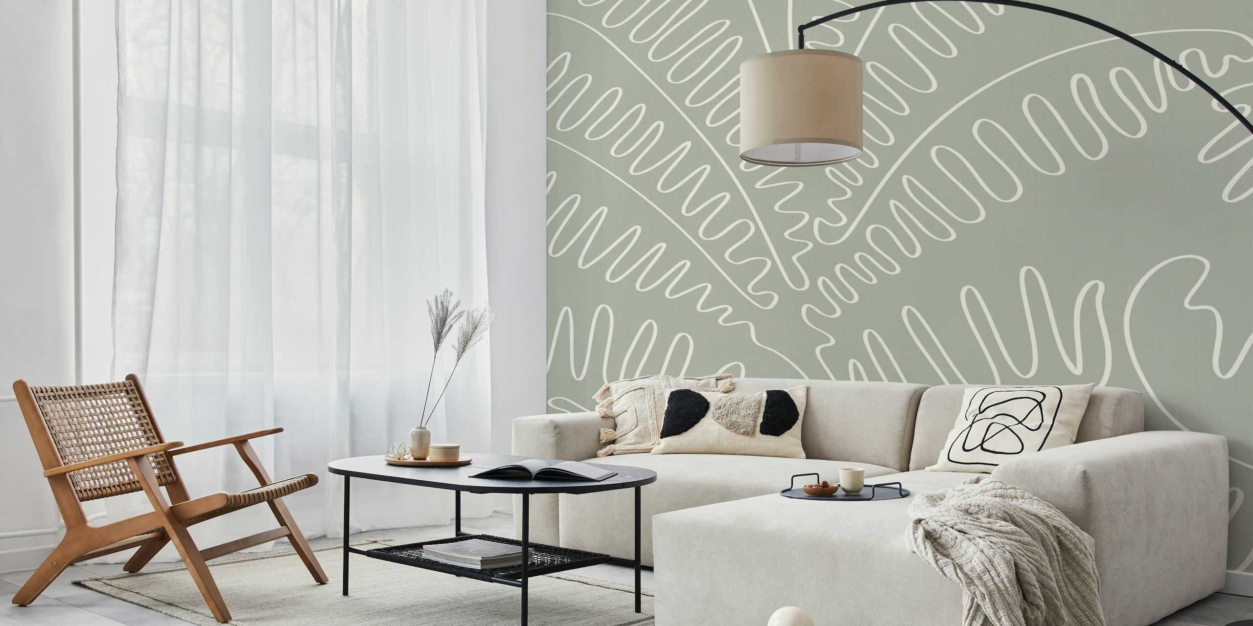 Line Art Palm Leaves wallpaper huoneasetelmassa