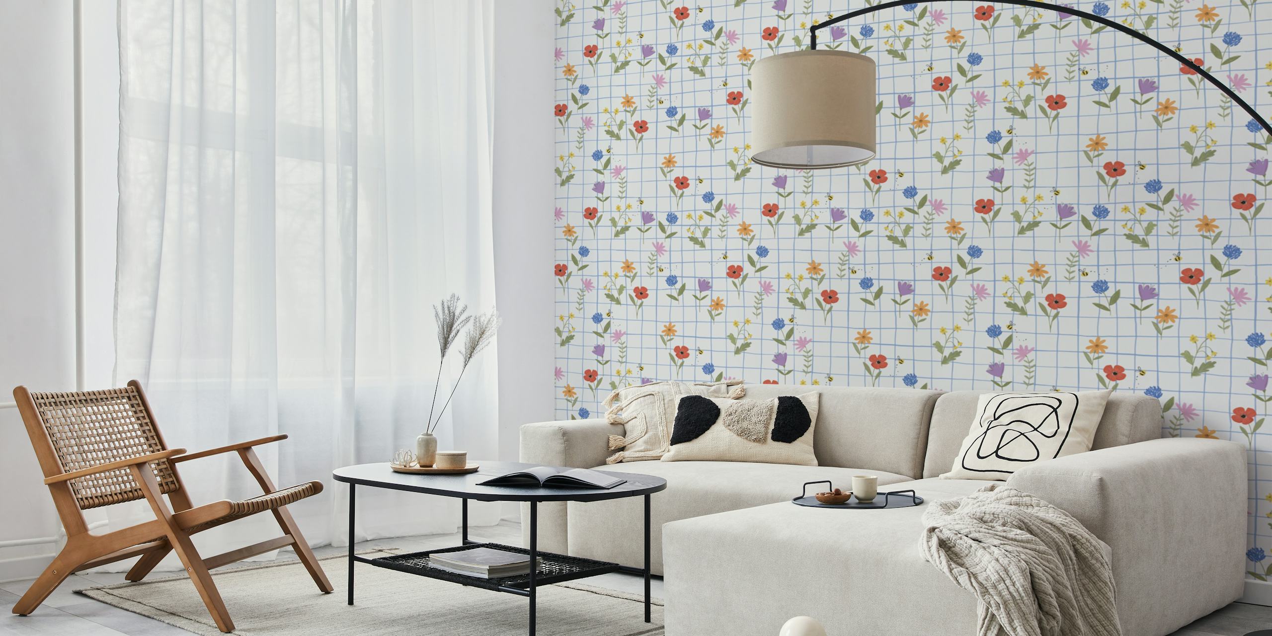 Wildflower pattern on checkered background in pastel colors wallpaper