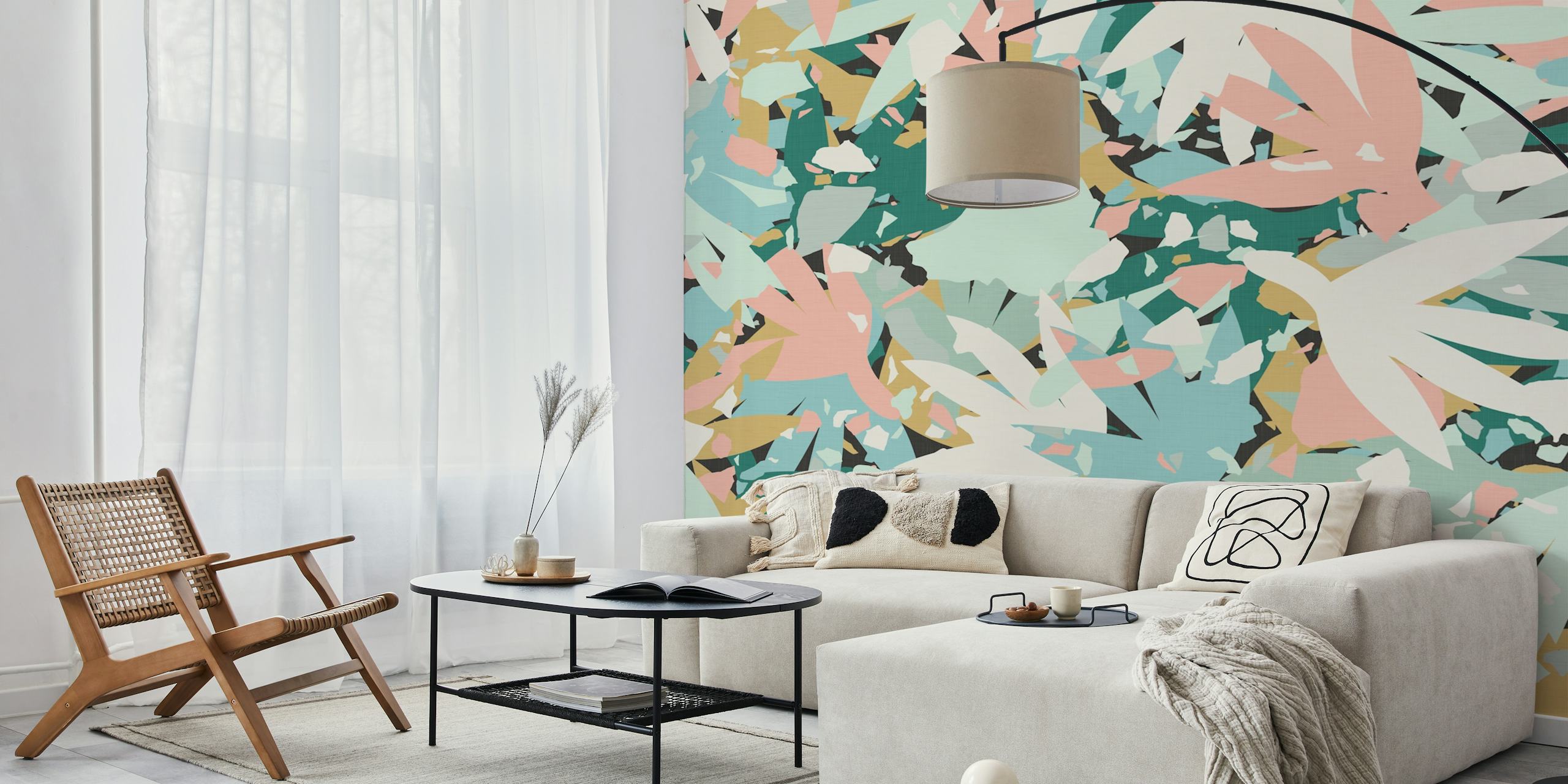 Abstract Pastel Leaves Wallpaper i ett rum