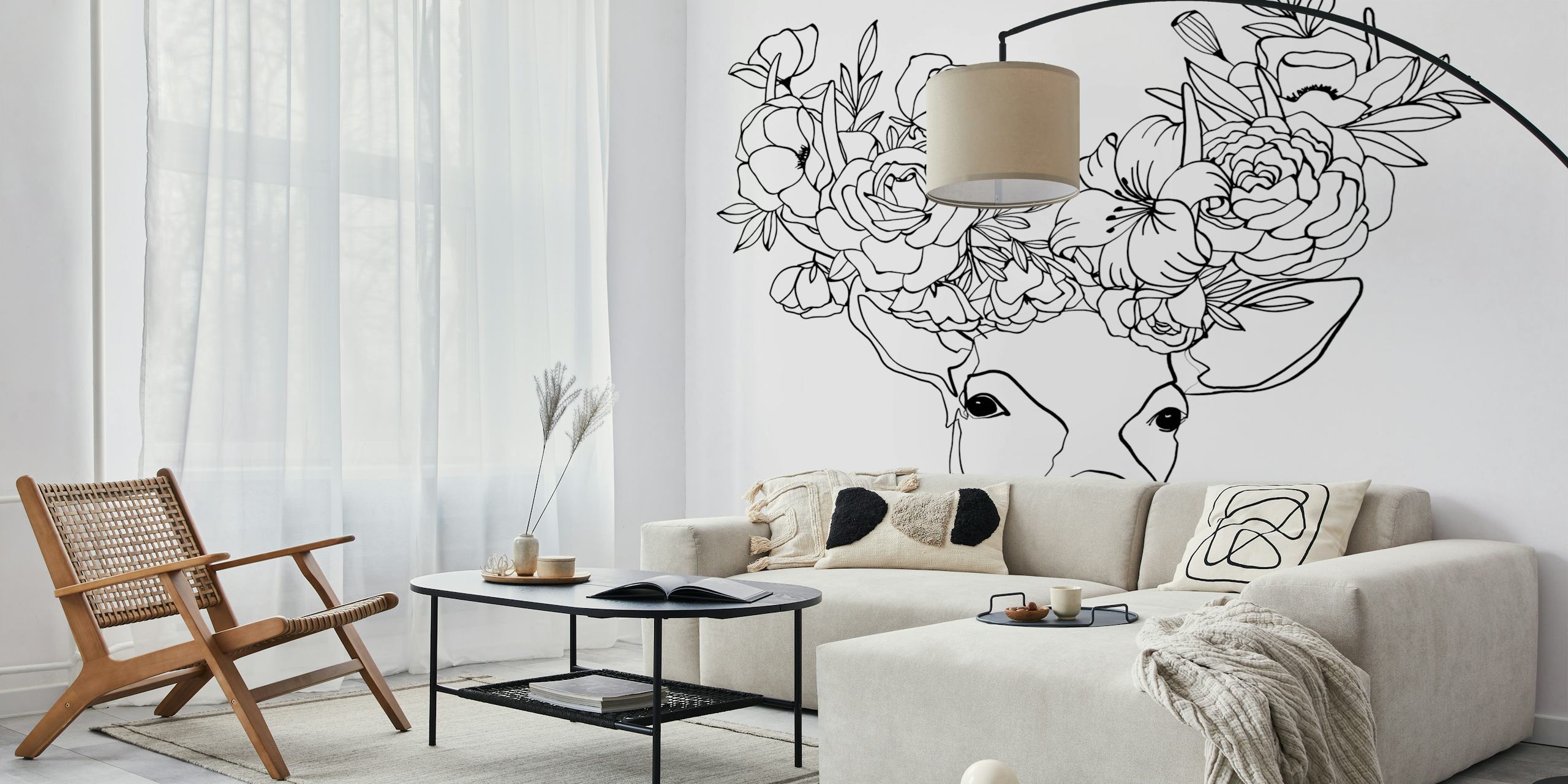 Floral deer with blossoms design in black and white wallpaper
