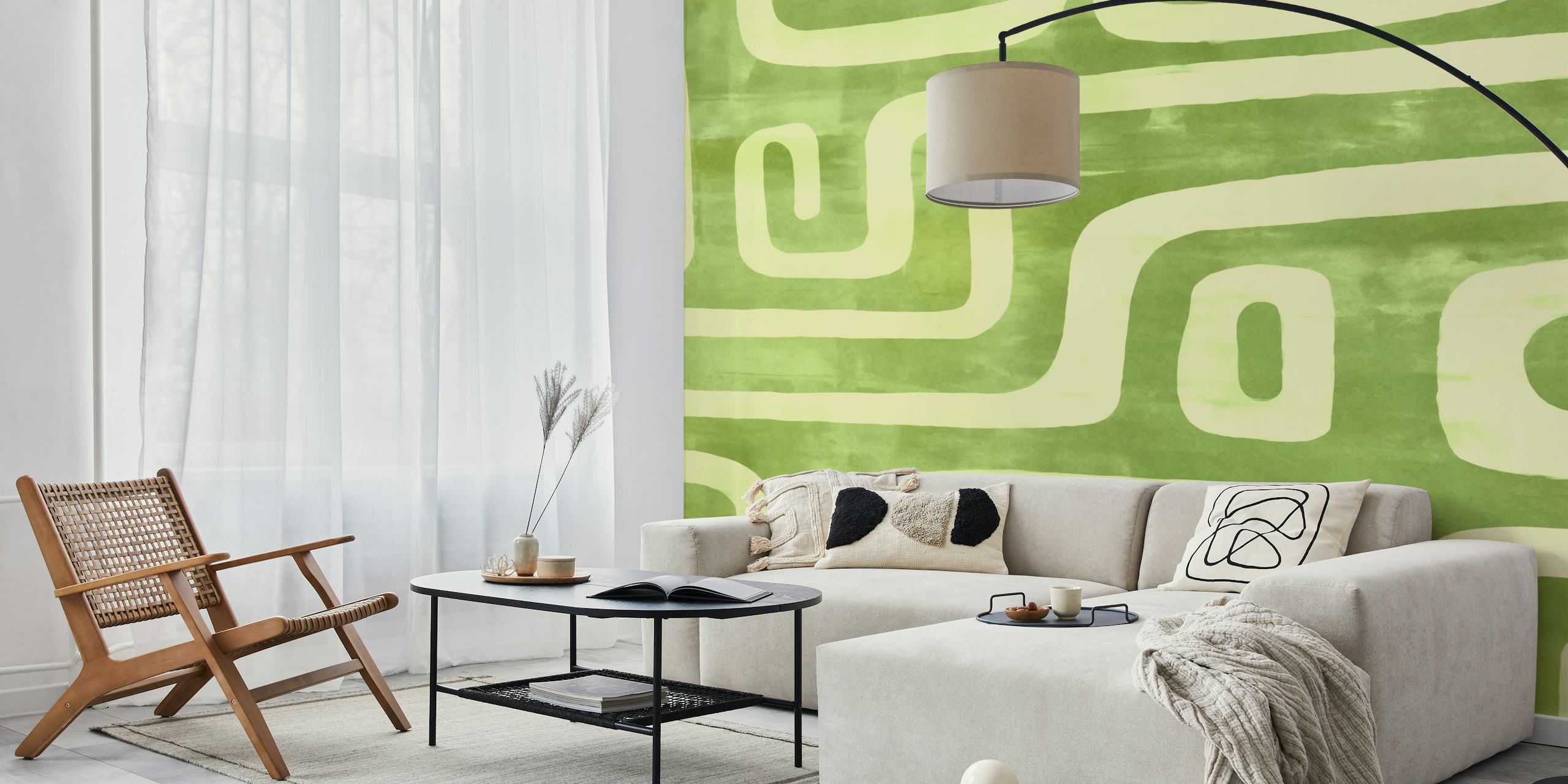 Green maze labyrinth wallpaper in a room