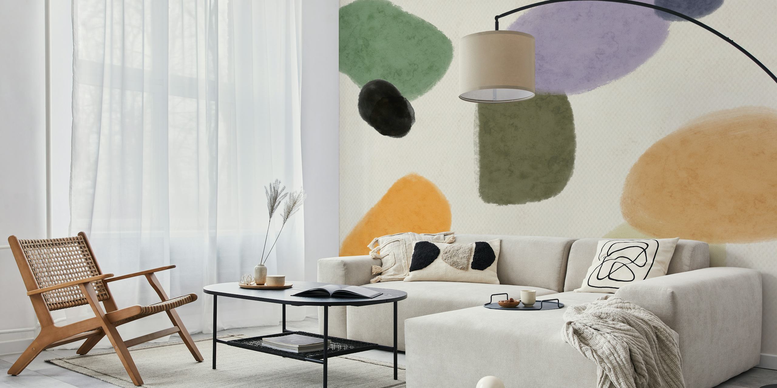Pastel abstract shapes in green, orange, black, and purple wallpaper