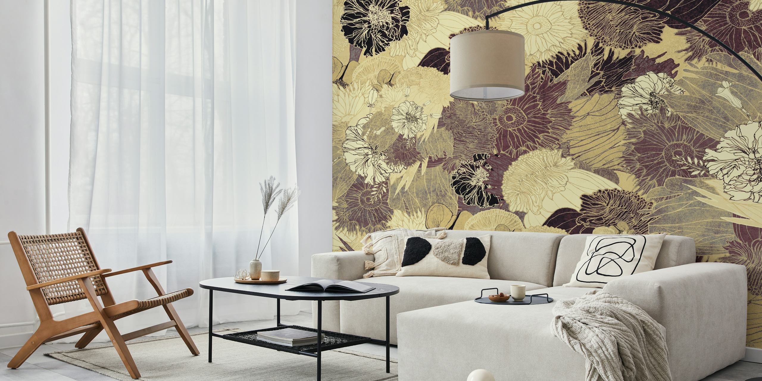 Beige and brown floral wallpaper with intricate designs