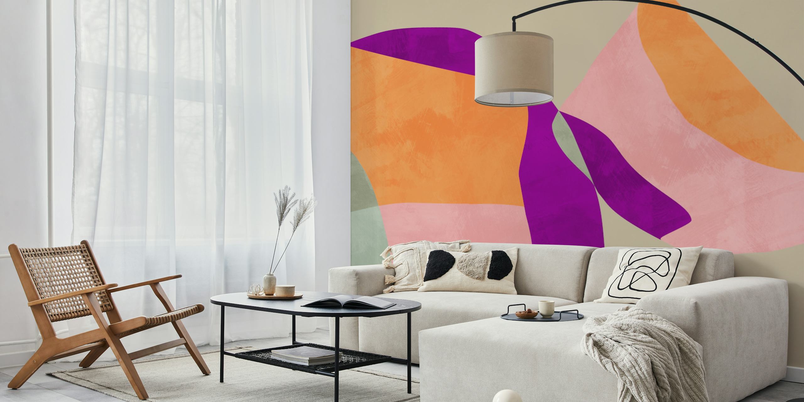 Colorful abstract shapes in orange, purple, and green wallpaper