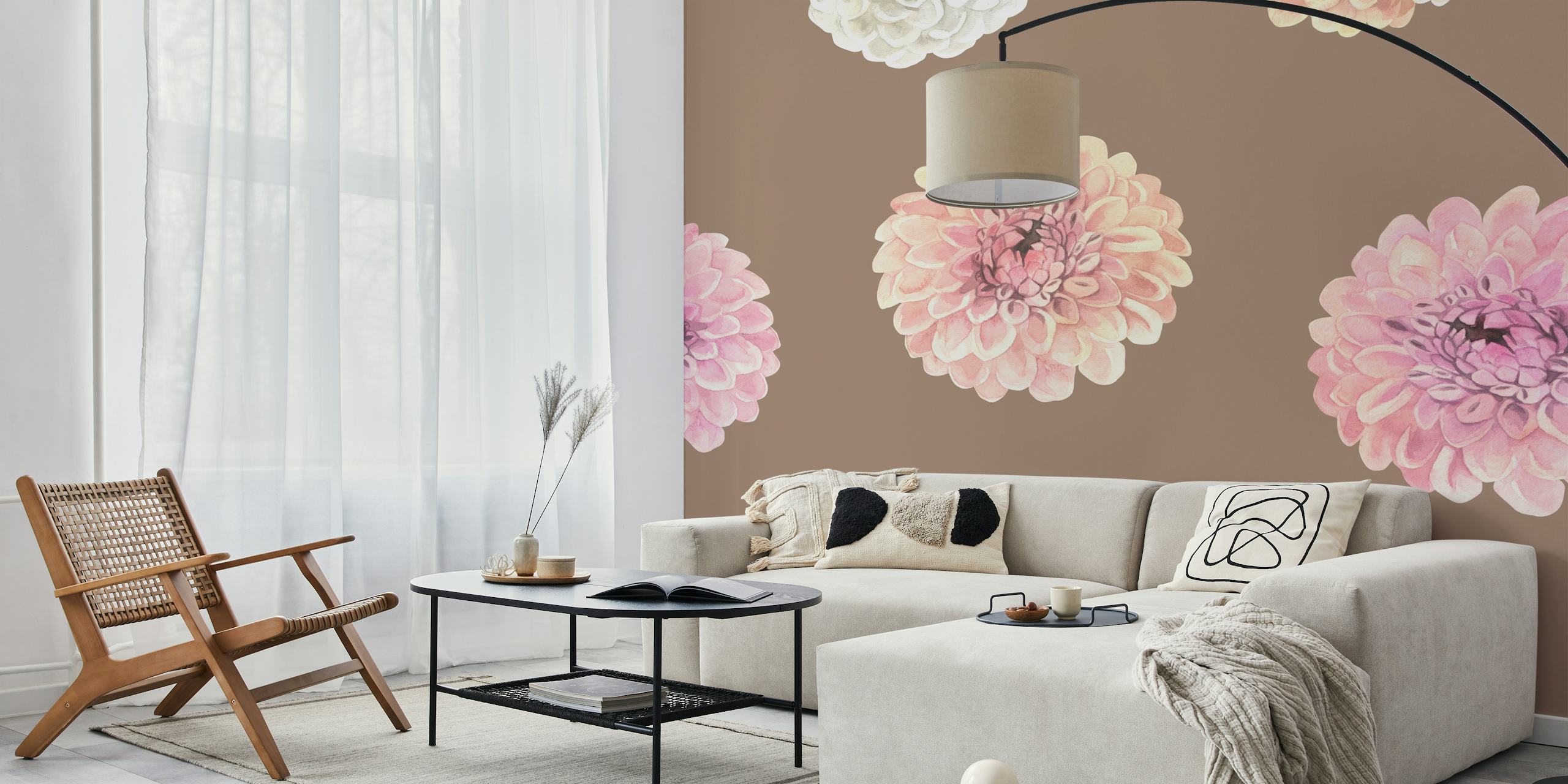 Watercolor dahlias in pink and white on brown wallpaper