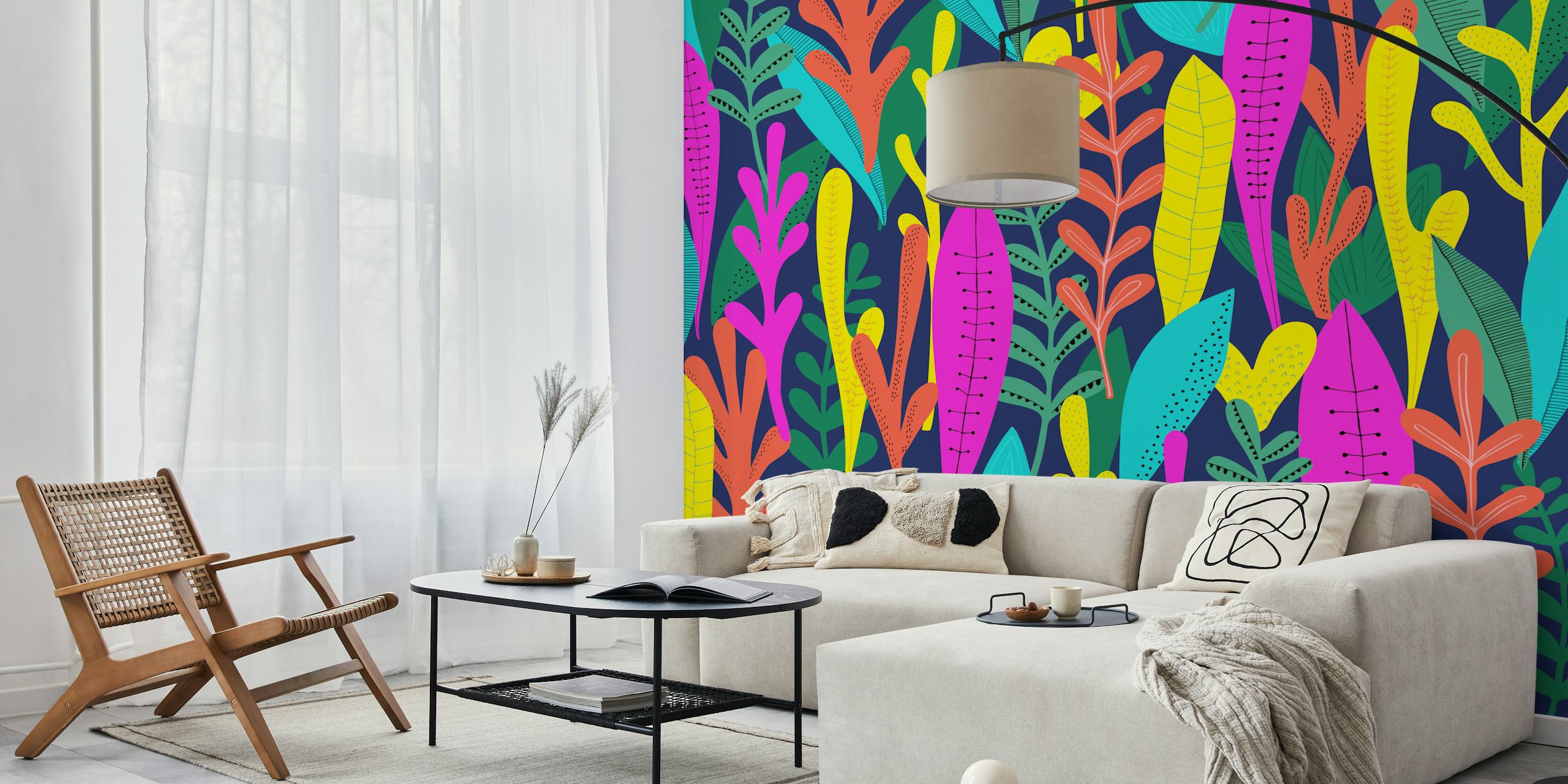 Colorful jungle wallpaper in a room