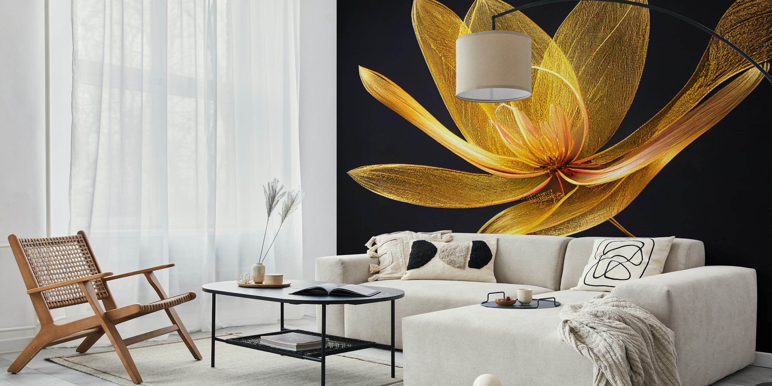 Gold flower design on a black background wallpaper