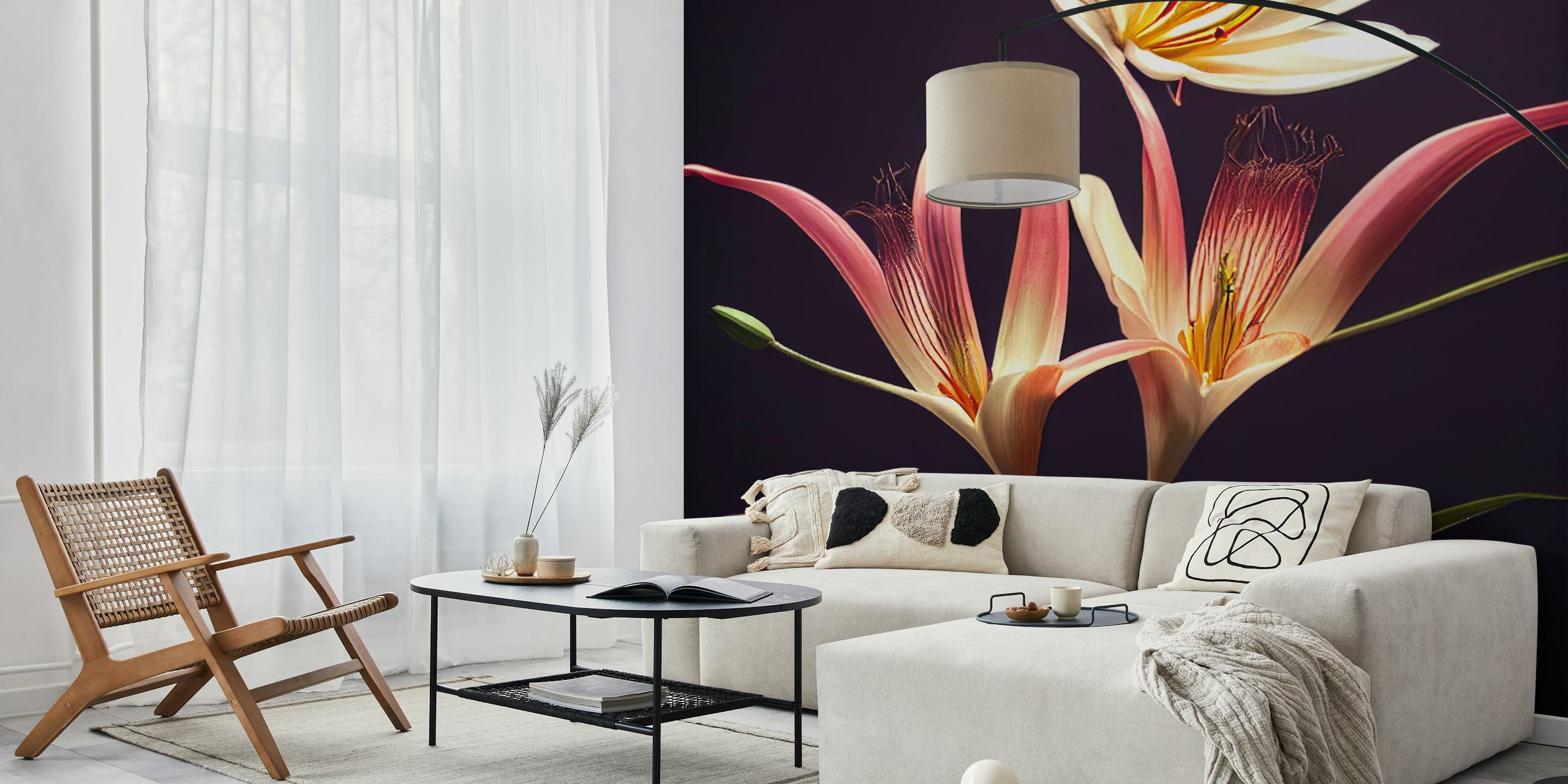 Elegant pink and cream lily blooms with green leaves wallpaper